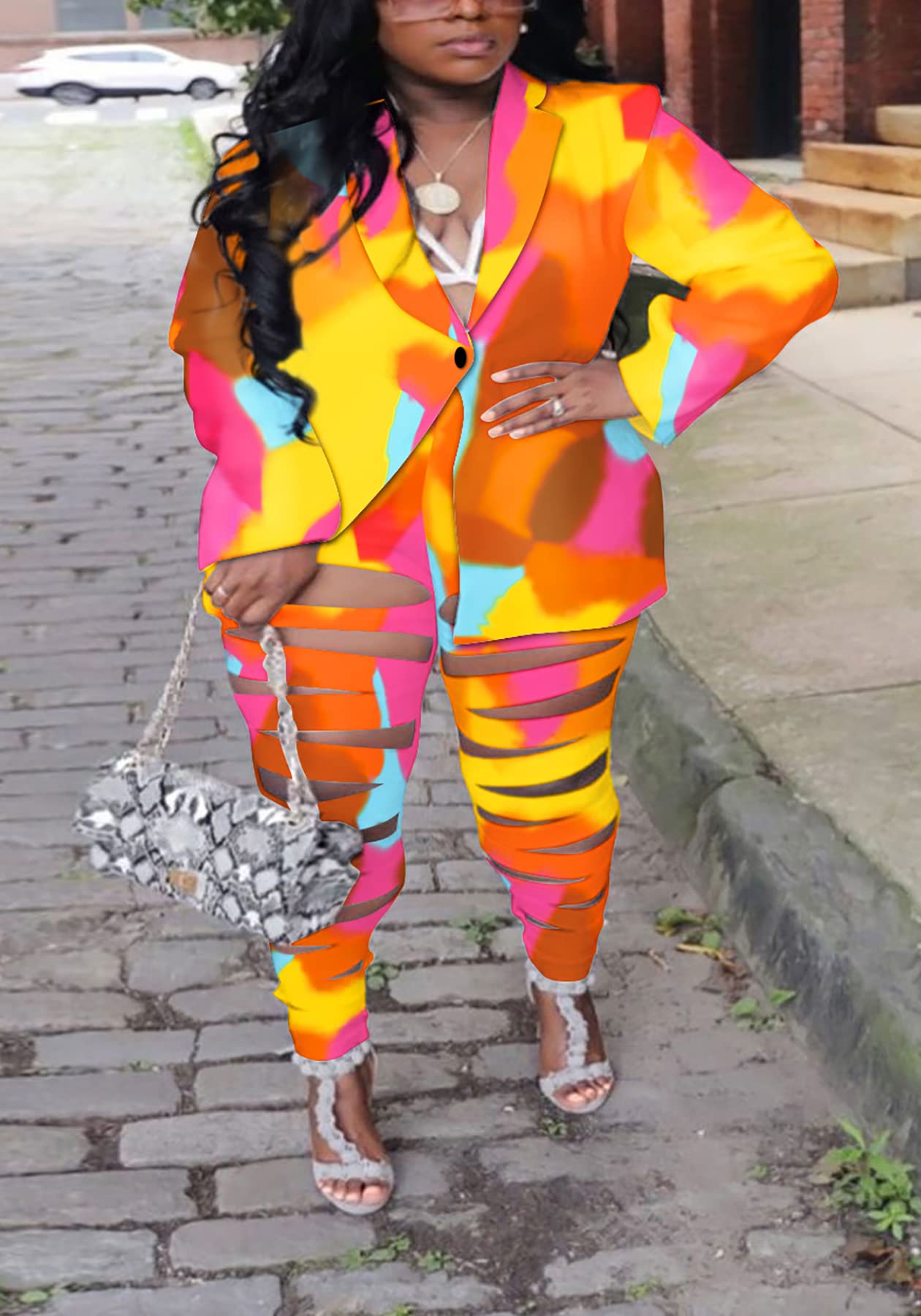 Lucuna Women's Sexy 2 Piece Club Outfits Open Front Blazer + Bodycon Pants Long Stockings Set