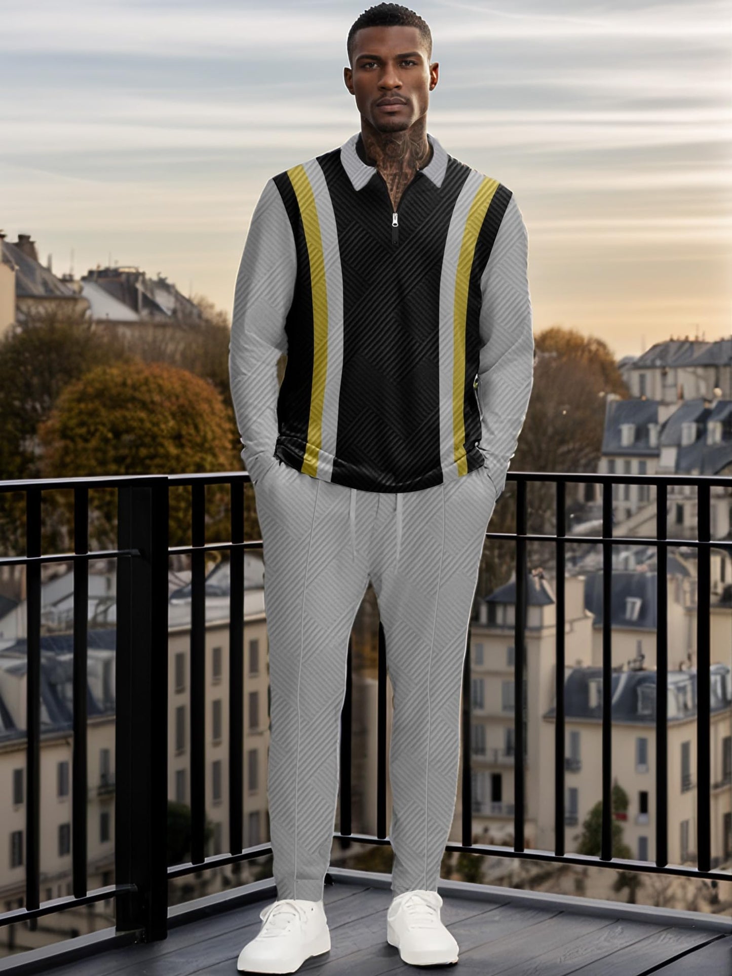 UOUA Mens 2 Piece Set Casual Outfits Polo Long Sleeve Shirt & Pants Track Suit Loungewear Athletic Sweatsuit