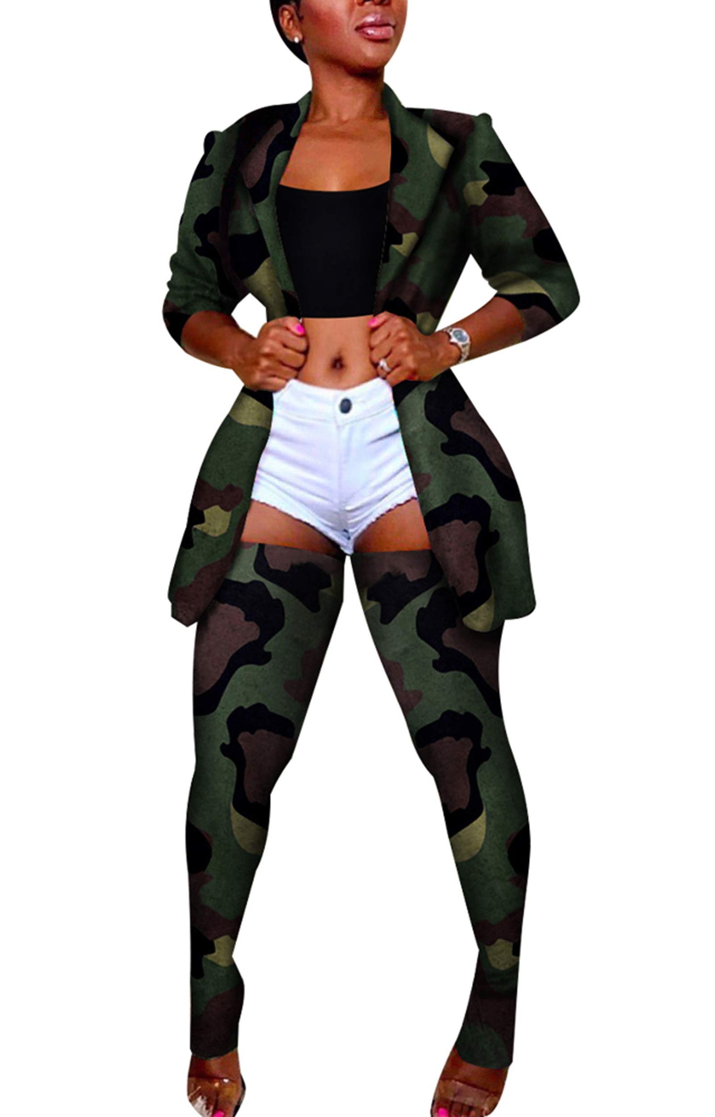 Lucuna Women's Sexy 2 Piece Club Outfits Open Front Blazer + Bodycon Pants Long Stockings Set