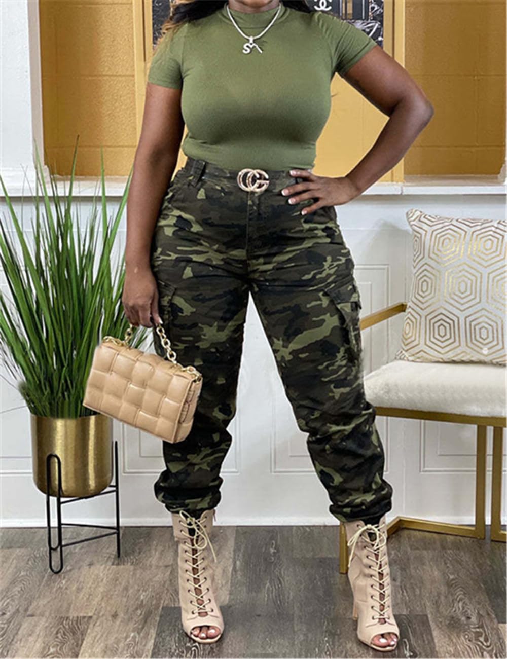 Woman's Casual Camouflage Camo Cargo Long Pants with Pockets