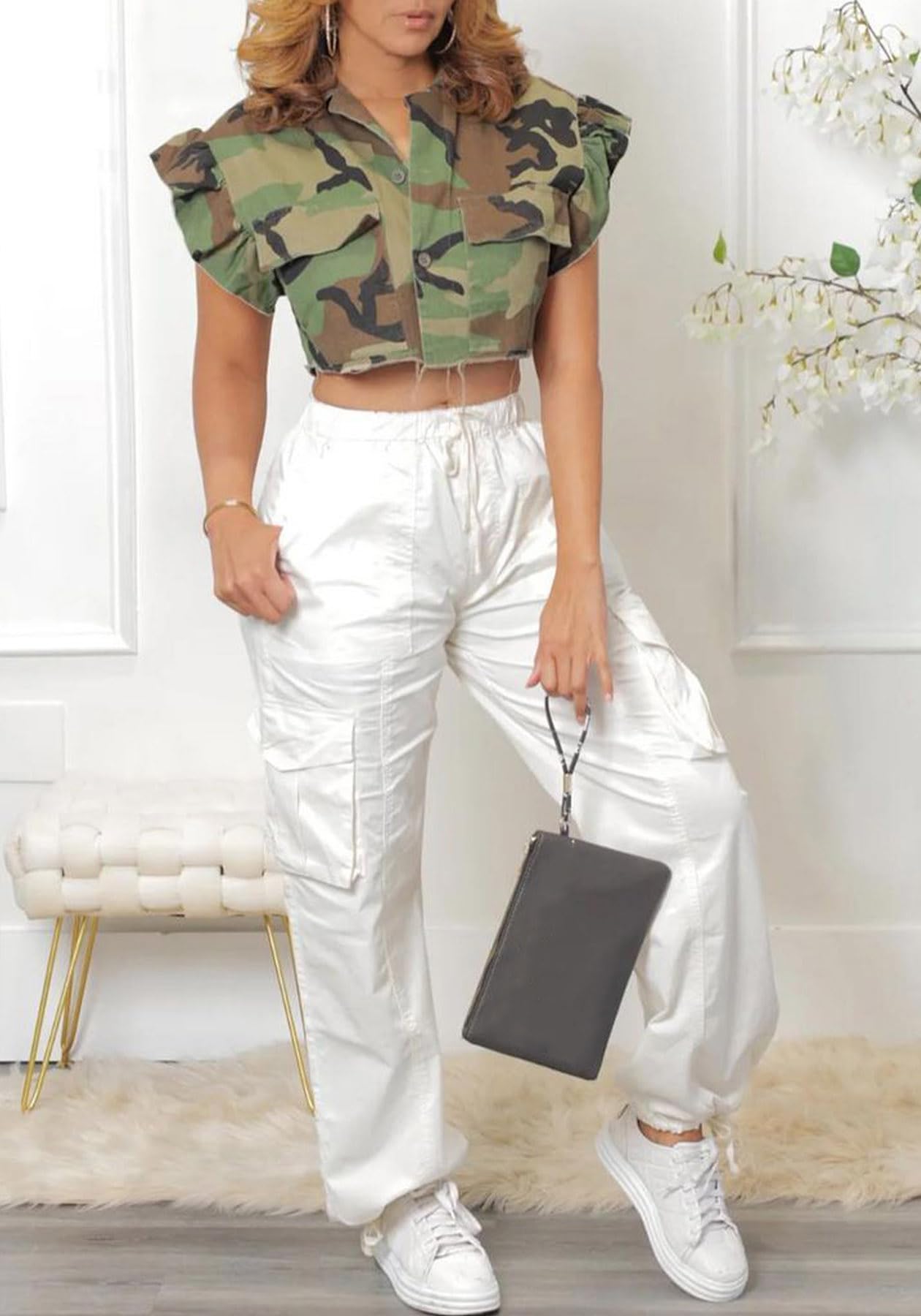 LETSVDO Women's Sexy Camo Halter Vest Backless Sleeveless Lapel V Neck Button Down Jean Crop Tank Top