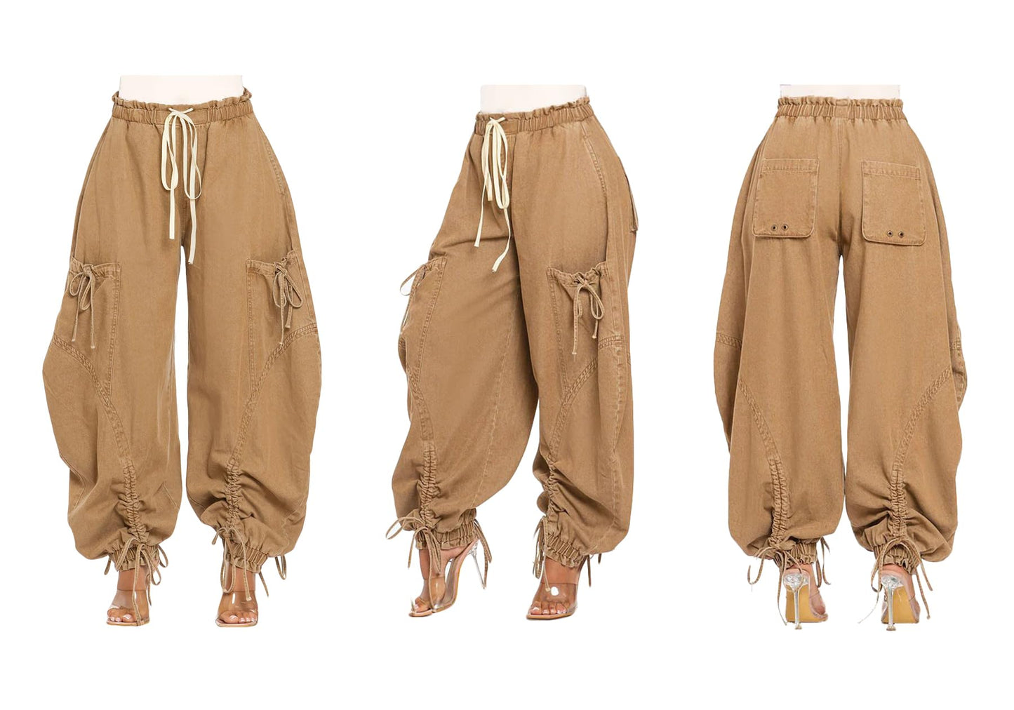 Women's Baggy Cargo Jogger Jeans Barrel High Waisted Wide Leg Drawstring Y2K Loose Harem Denim Pants with Pockets