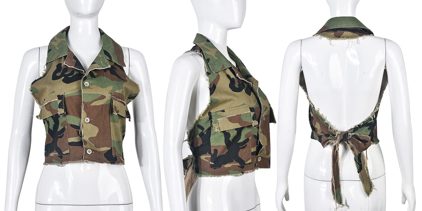LETSVDO Women's Sexy Camo Halter Vest Backless Sleeveless Lapel V Neck Button Down Jean Crop Tank Top