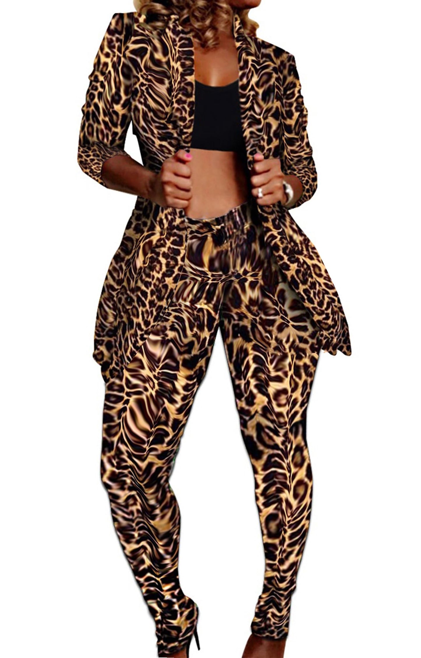 Lucuna Women's Sexy 2 Piece Club Outfits Open Front Blazer + Bodycon Pants Long Stockings Set