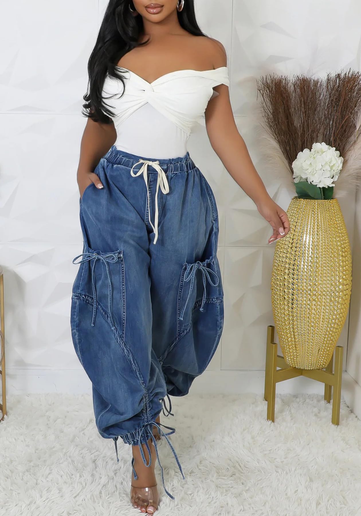 Women's Baggy Cargo Jogger Jeans Barrel High Waisted Wide Leg Drawstring Y2K Loose Harem Denim Pants with Pockets