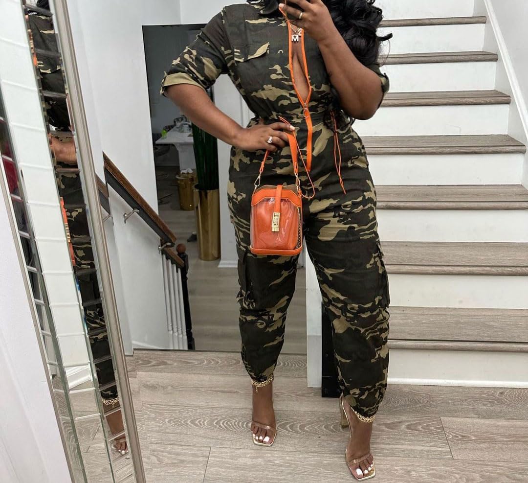 Women Casual Long Jumpsuits Camouflage Drawstring Waist One-Piece Camo Rompers with Pockets Sweatsuit Work Out Sets