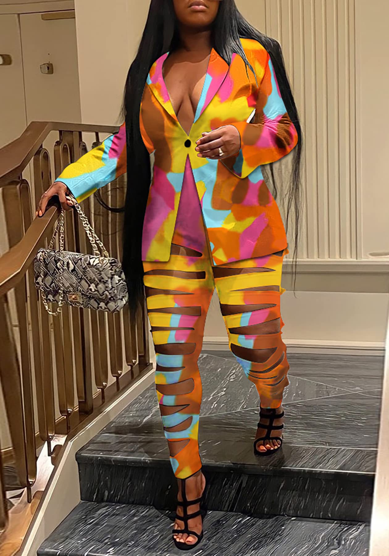 Lucuna Women's Sexy 2 Piece Club Outfits Open Front Blazer + Bodycon Pants Long Stockings Set