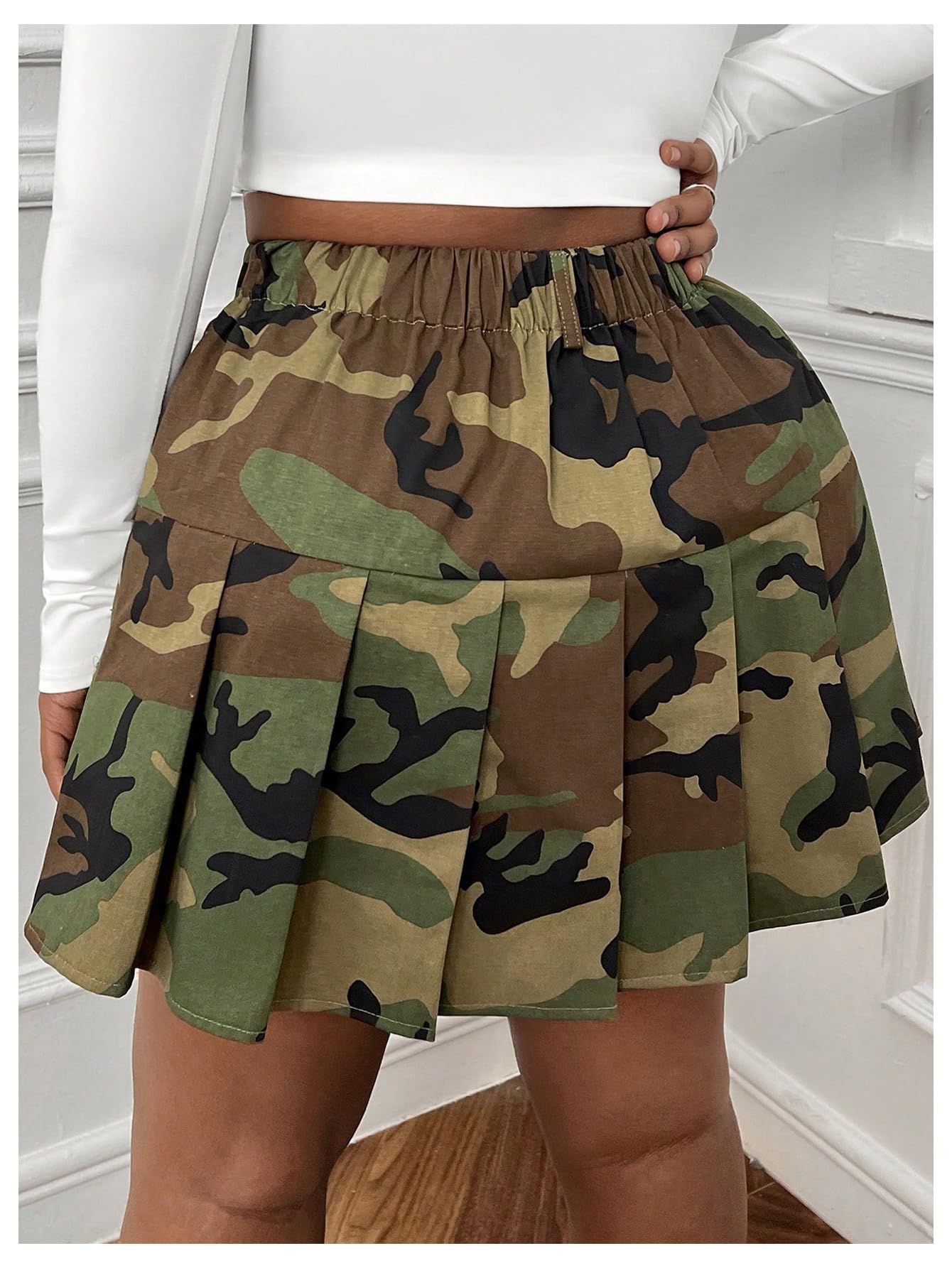 Floerns Women's Plus Size Camo Print Skirt Elastic Waist Pleated Hem Short Skirt