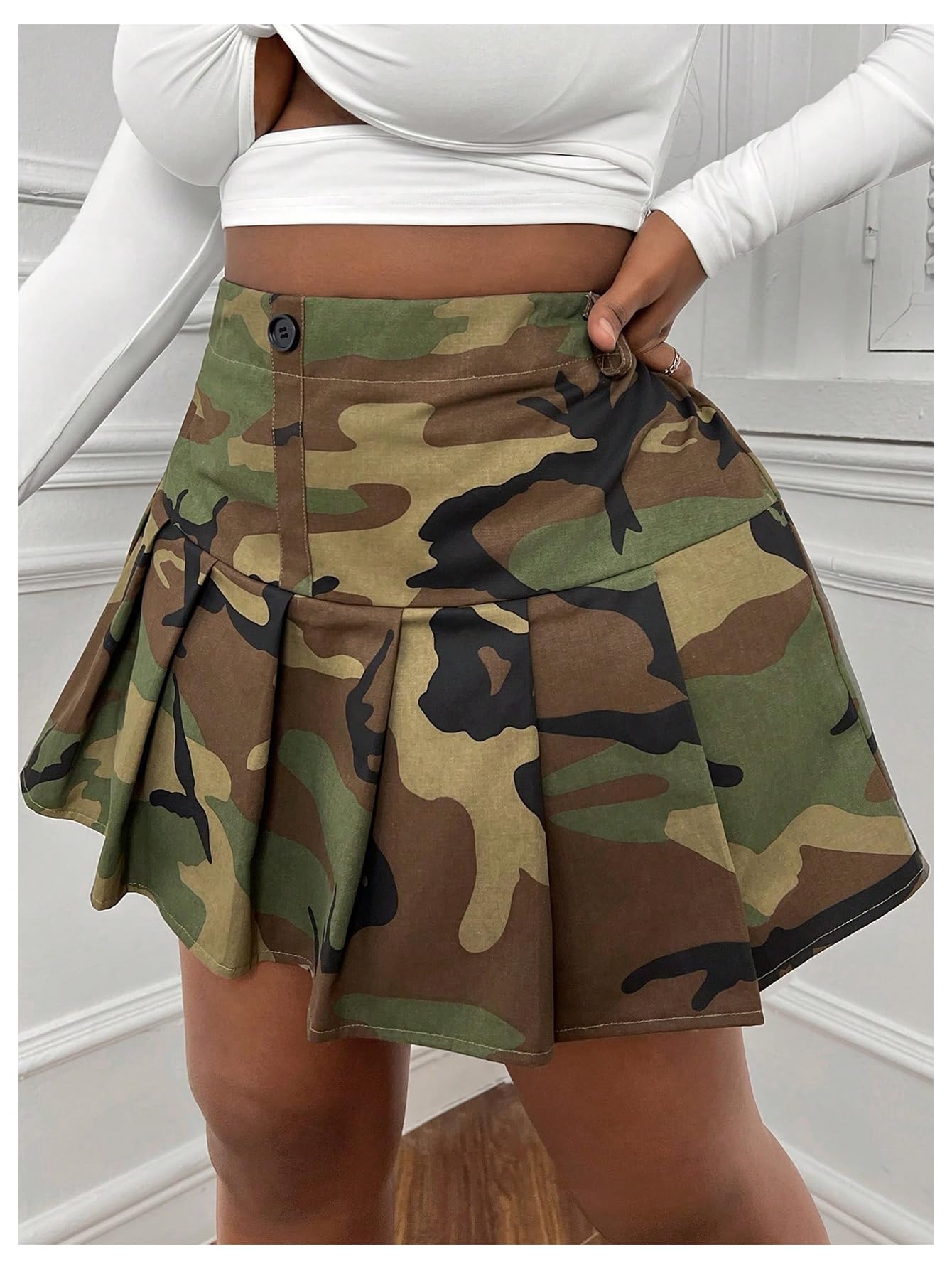 Floerns Women's Plus Size Camo Print Skirt Elastic Waist Pleated Hem Short Skirt