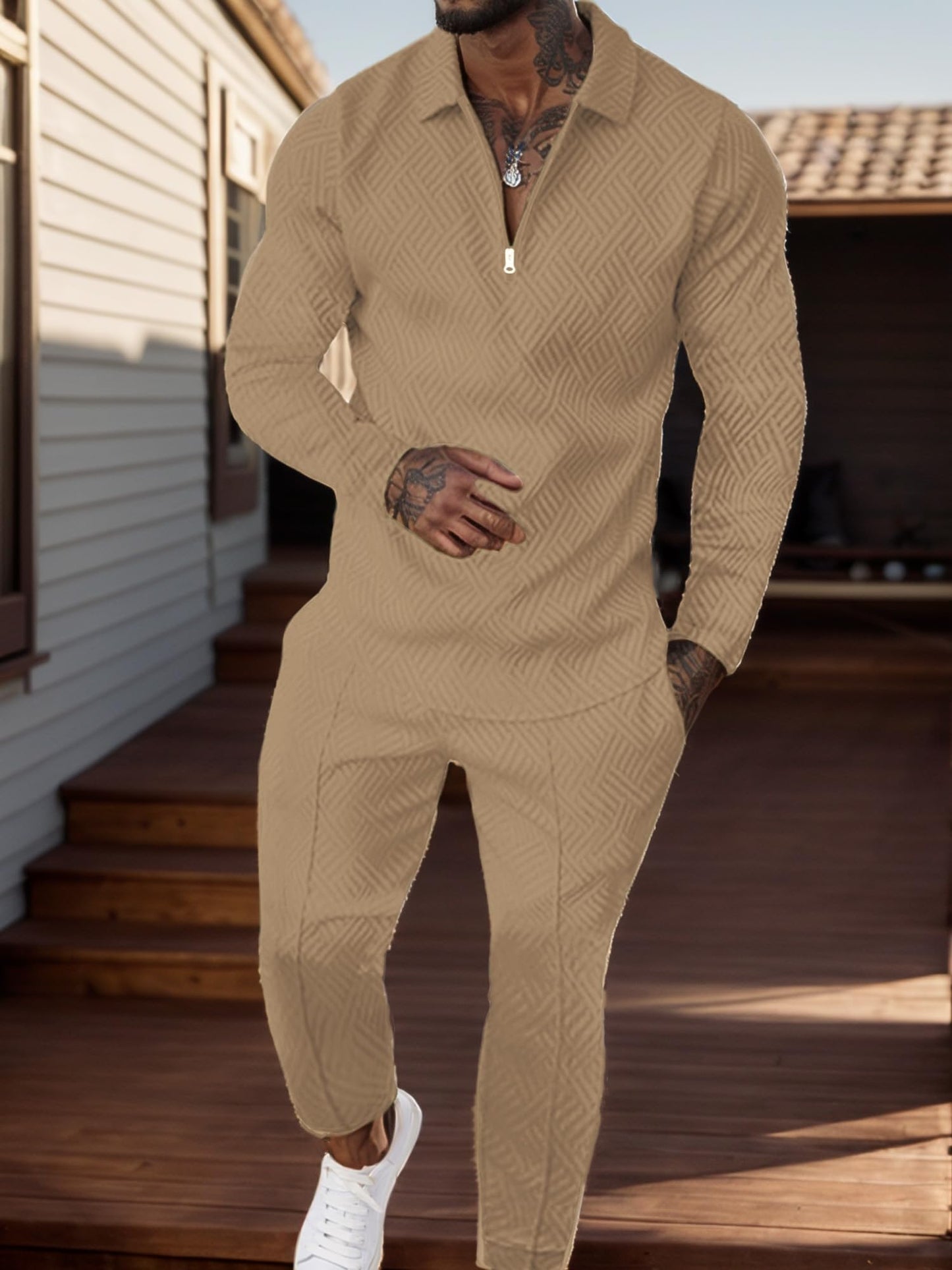 UOUA Mens 2 Piece Set Casual Outfits Polo Long Sleeve Shirt & Pants Track Suit Loungewear Athletic Sweatsuit