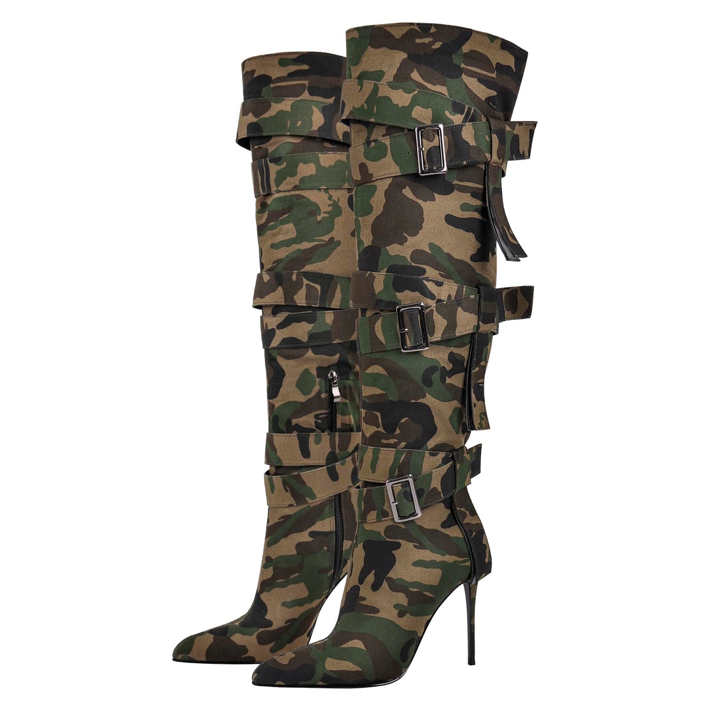 richealnini Women's Thigh High Boots with Straps Canvas Stiletto Heel Sexy Pointed Toe Party Riding Boots