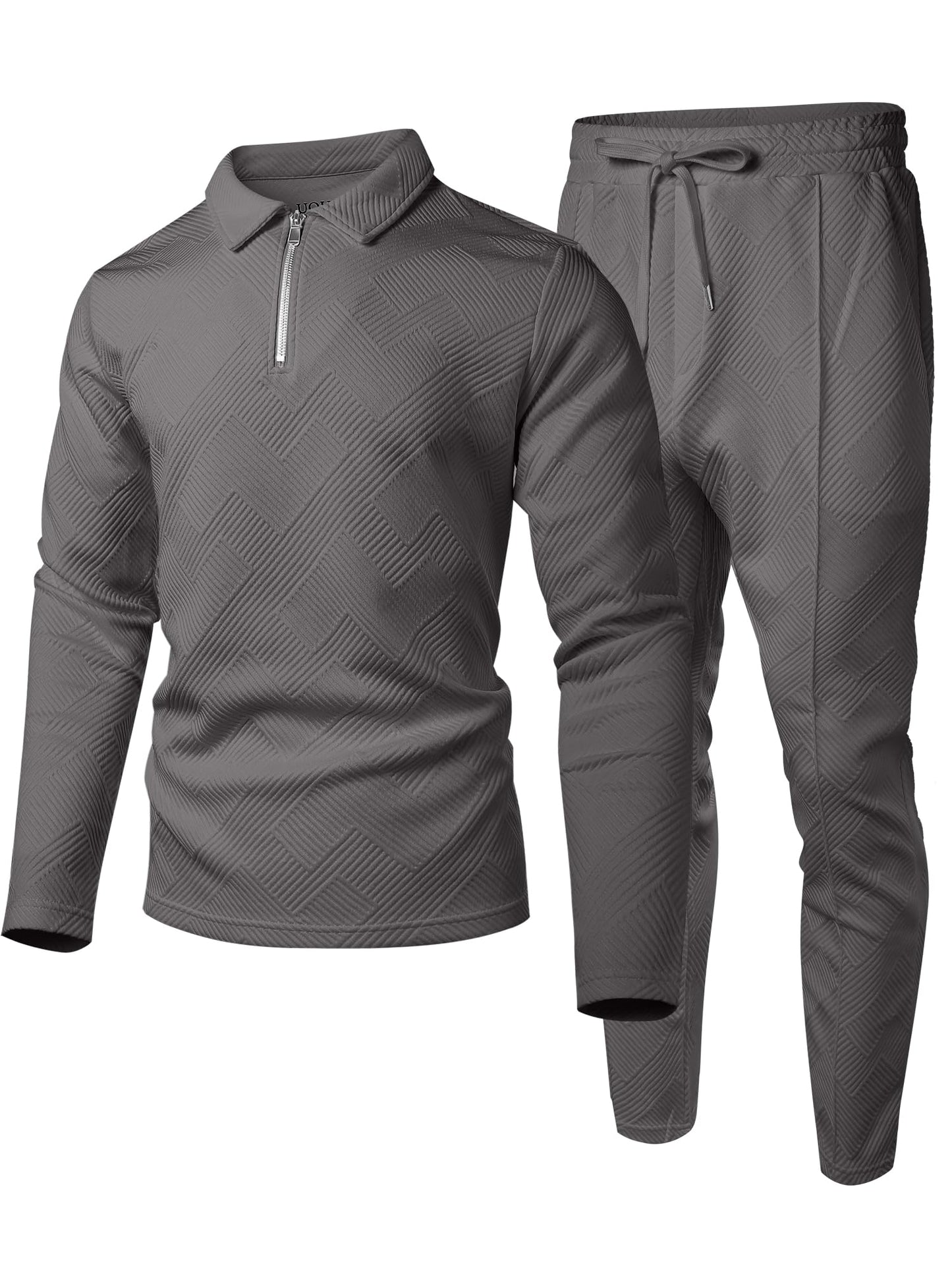 UOUA Mens 2 Piece Set Casual Outfits Polo Long Sleeve Shirt & Pants Track Suit Loungewear Athletic Sweatsuit