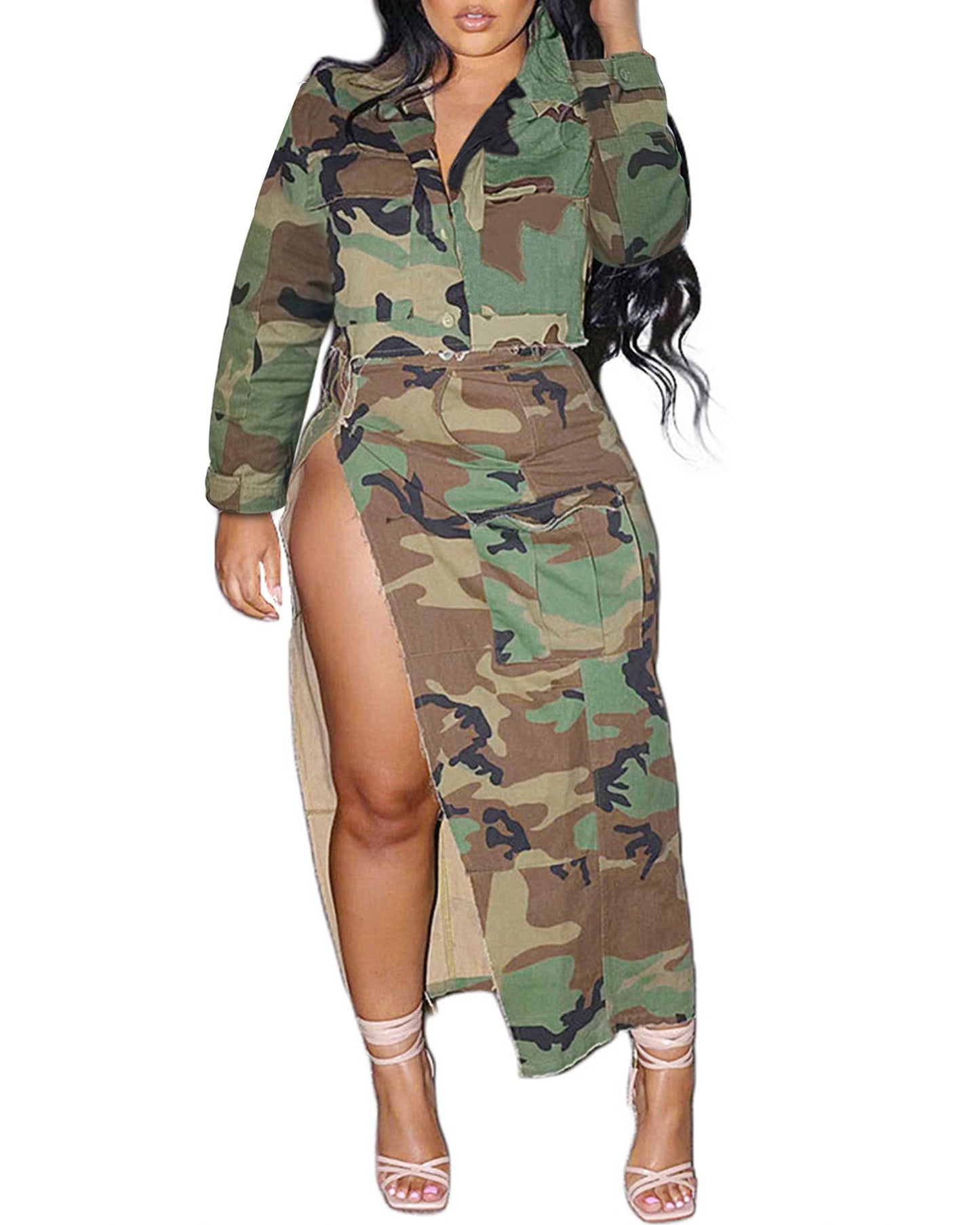 DINGANG Women's 2024 Summer Two Piece Dresses Camouflage Short Sleeve Top + High Waist Split Skirts Sets Trendy