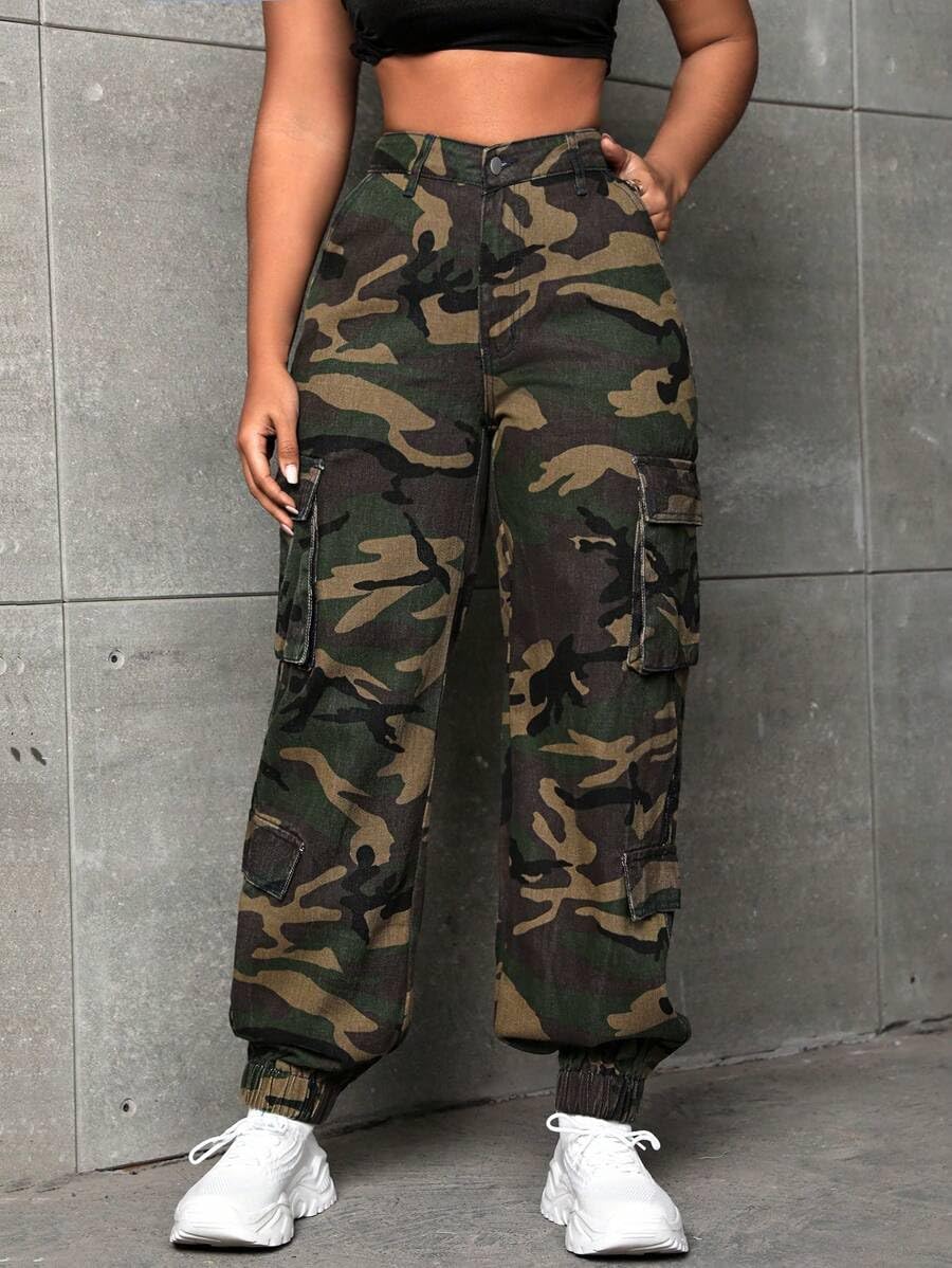 Women's Cargo Jogger Camo Pants with Pockets High Waist Slim Casual Tapered Camouflage Combat Hiking Pants