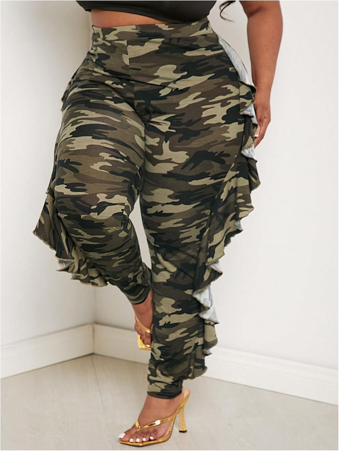 Women's Plus Size Ruffle Camouflage Pants High Waisted Leggings Casual Skinny Pants