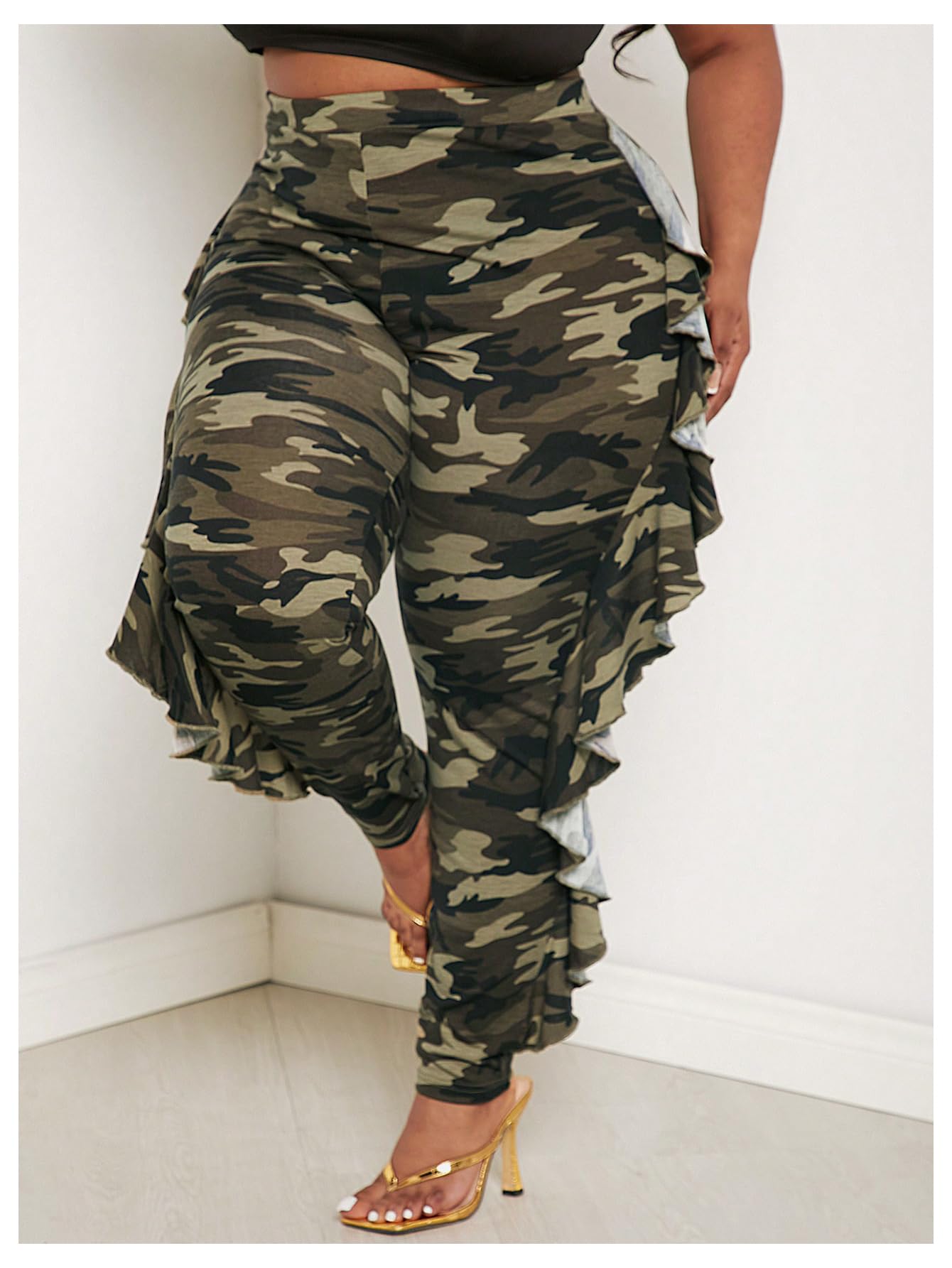 Women's Plus Size Ruffle Camouflage Pants High Waisted Leggings Casual Skinny Pants
