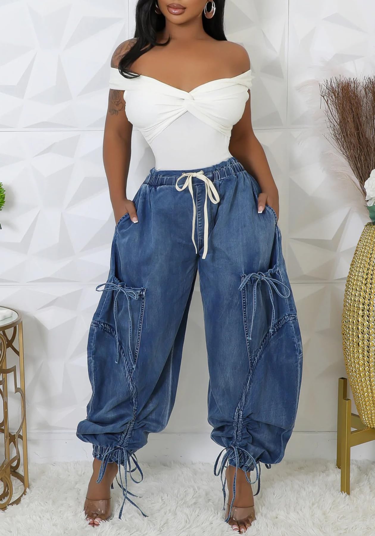 Women's Baggy Cargo Jogger Jeans Barrel High Waisted Wide Leg Drawstring Y2K Loose Harem Denim Pants with Pockets