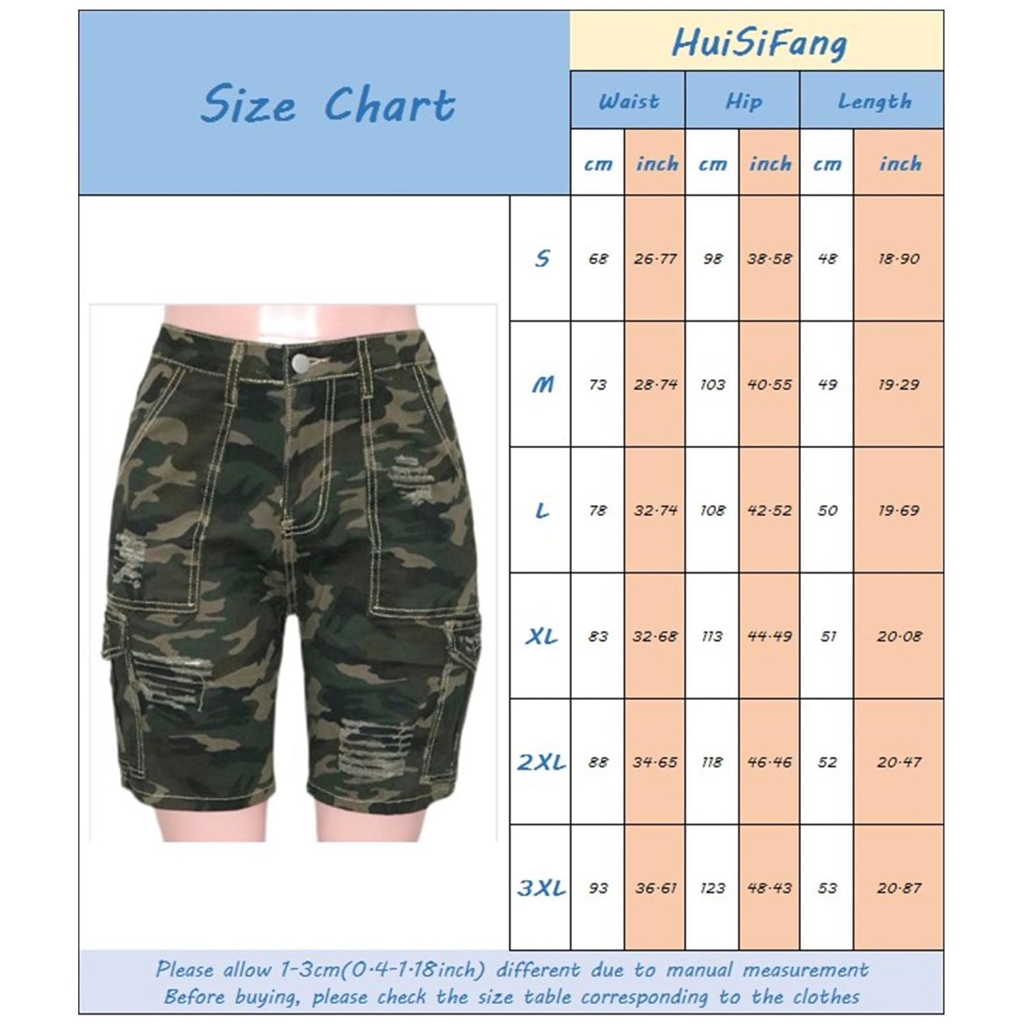 HuiSiFang Womens Camo Cargo Shorts Elastic High Waist Loose Fit Casual Shorts with Pockets