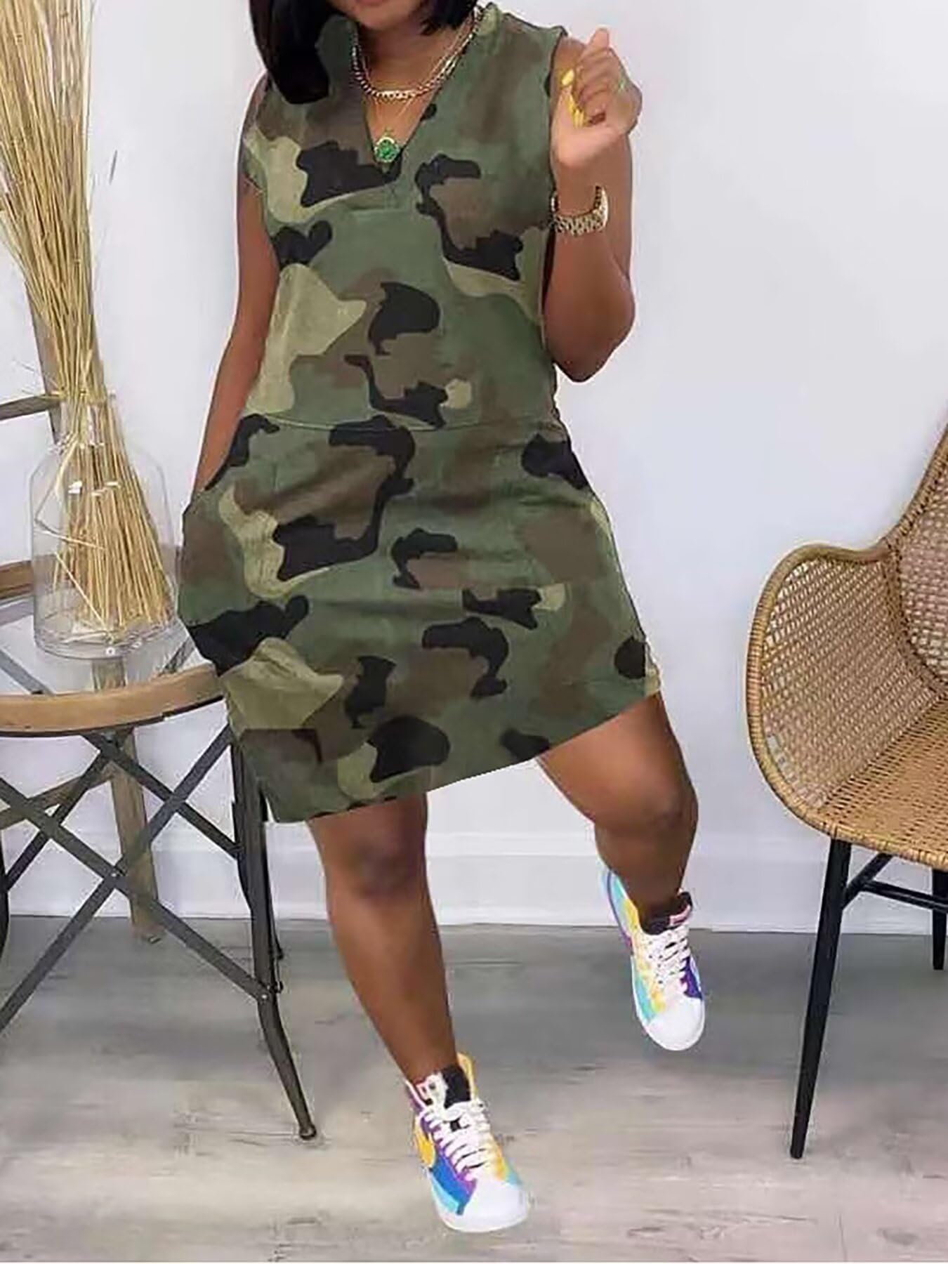 Camouflage Dress for Women Casual Sleeveless V Neck Sundress Cargo Mini Dresses with Pockets