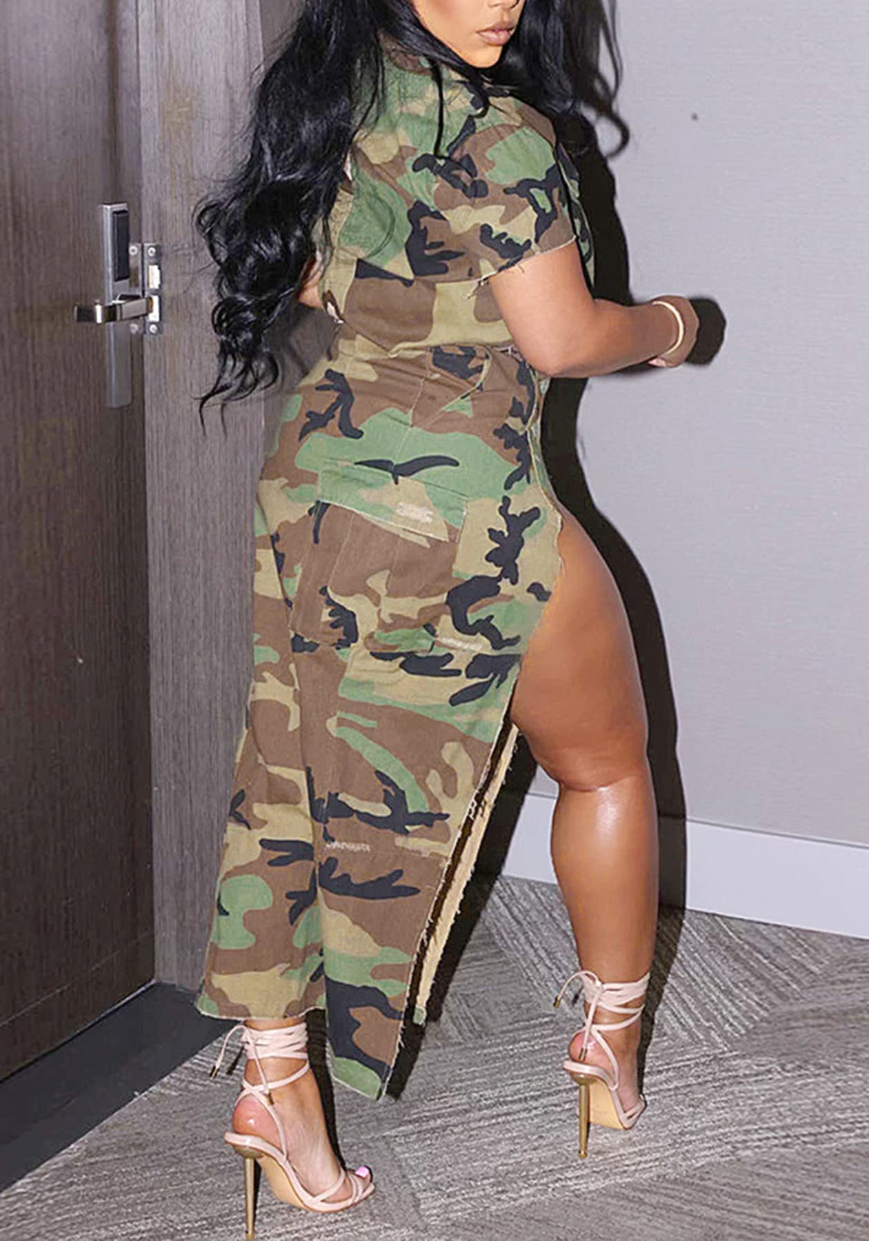 DINGANG Women's 2024 Summer Two Piece Dresses Camouflage Short Sleeve Top + High Waist Split Skirts Sets Trendy