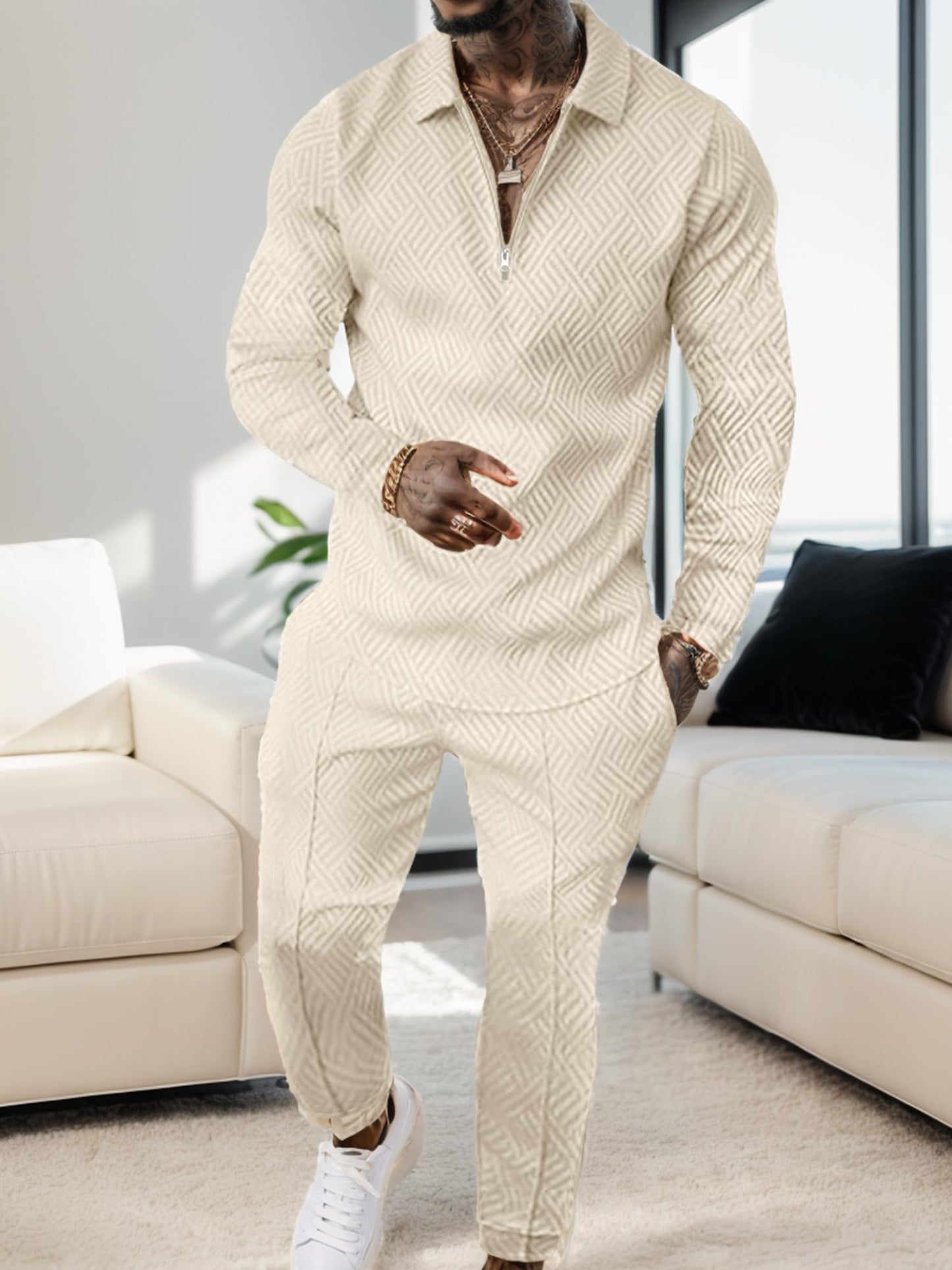 UOUA Mens 2 Piece Set Casual Outfits Polo Long Sleeve Shirt & Pants Track Suit Loungewear Athletic Sweatsuit