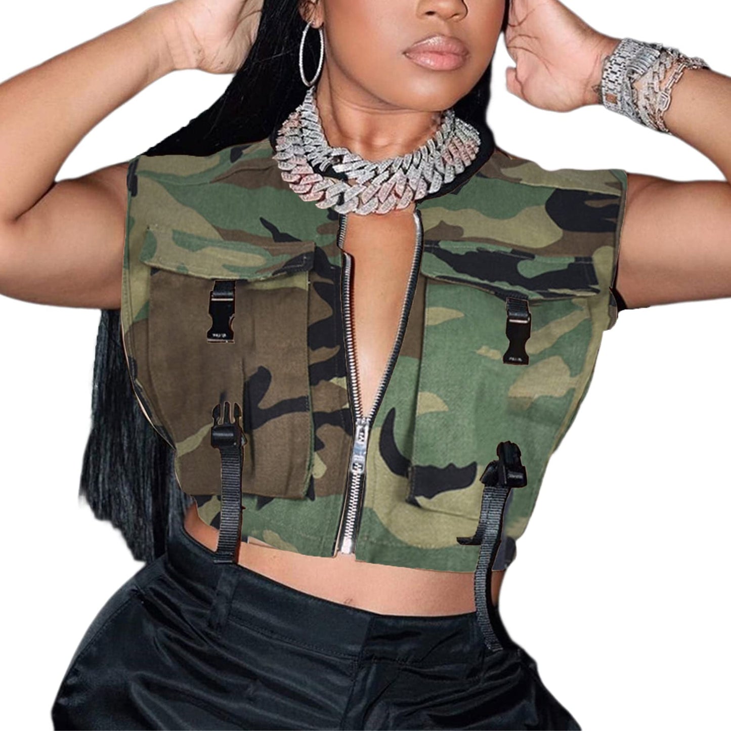 LETSVDO Women's Sexy Camo Halter Vest Backless Sleeveless Lapel V Neck Button Down Jean Crop Tank Top