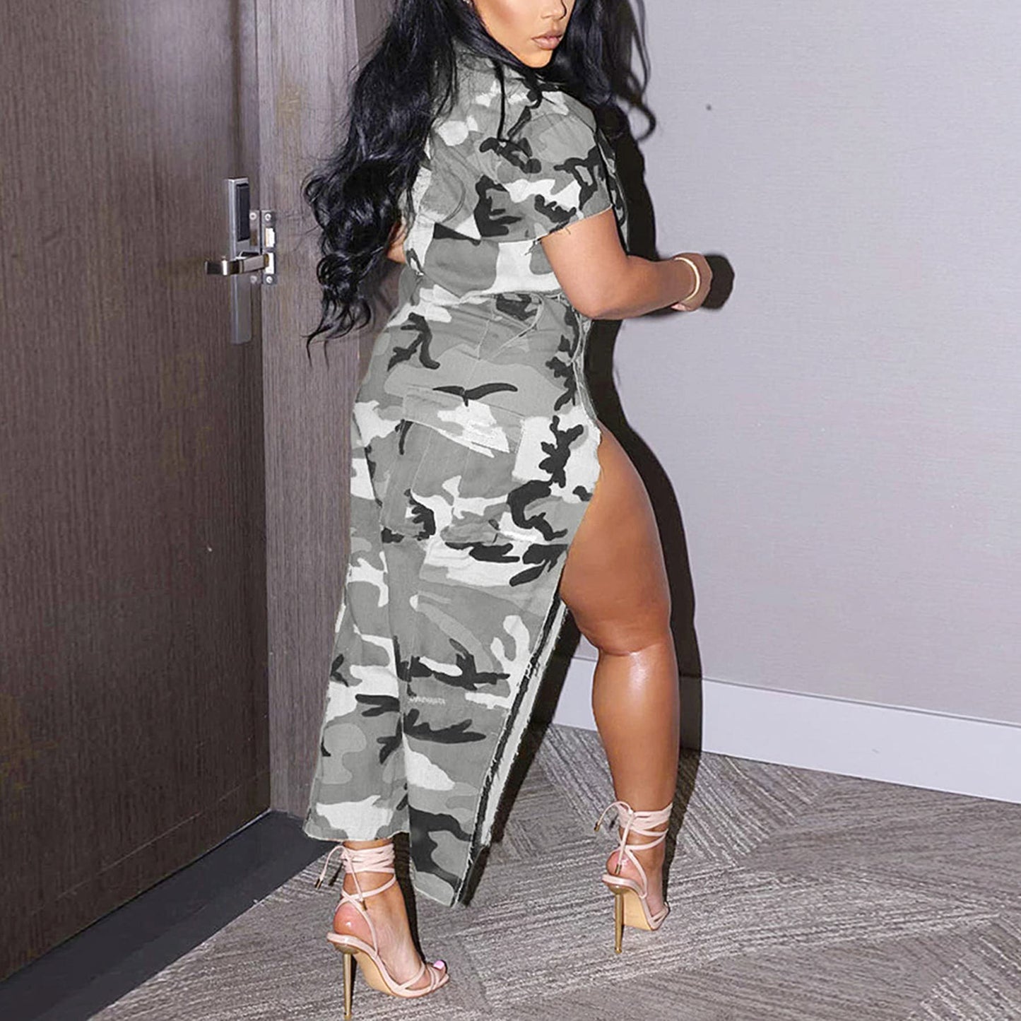 DINGANG Women's 2024 Summer Two Piece Dresses Camouflage Short Sleeve Top + High Waist Split Skirts Sets Trendy