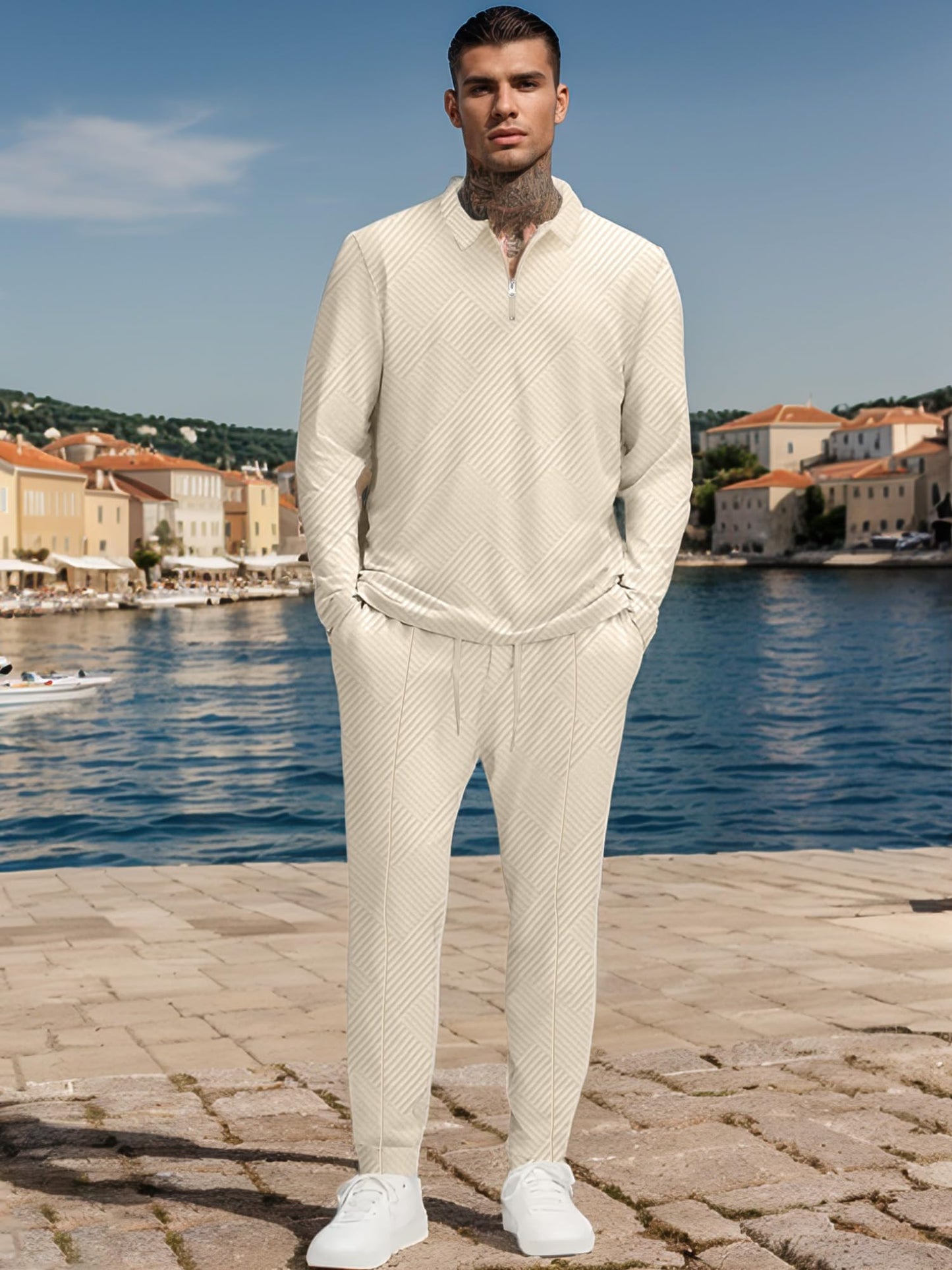 UOUA Mens 2 Piece Set Casual Outfits Polo Long Sleeve Shirt & Pants Track Suit Loungewear Athletic Sweatsuit