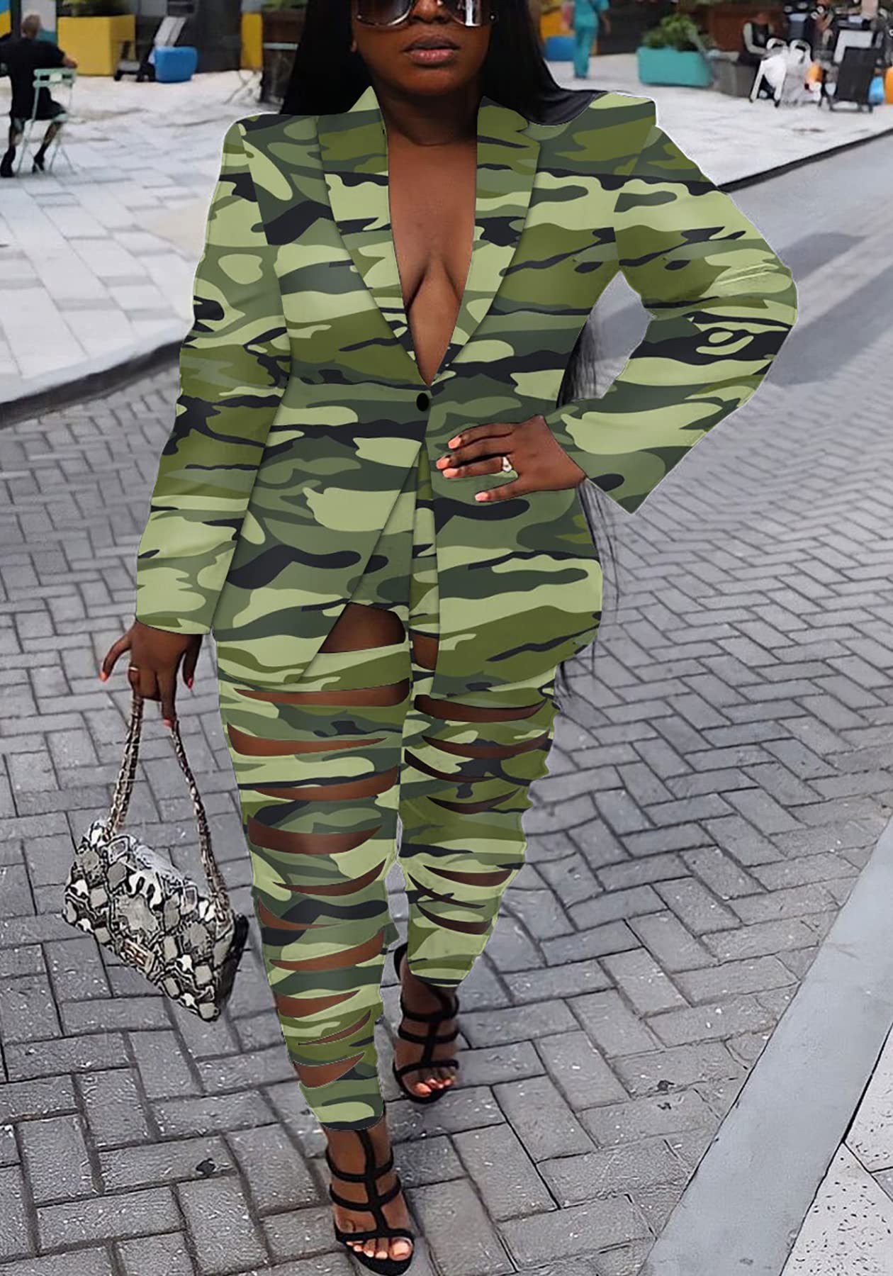 Lucuna Women's Sexy 2 Piece Club Outfits Open Front Blazer + Bodycon Pants Long Stockings Set