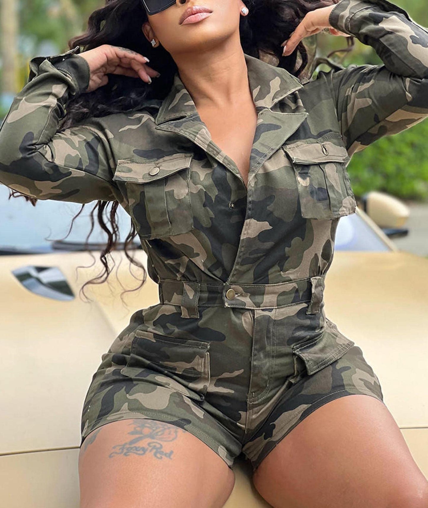 xxxiticat Women's Short Sleeve Military Playsuits High Waist Camo Button Down Rompers Camouflage One Piece Jumpsuit