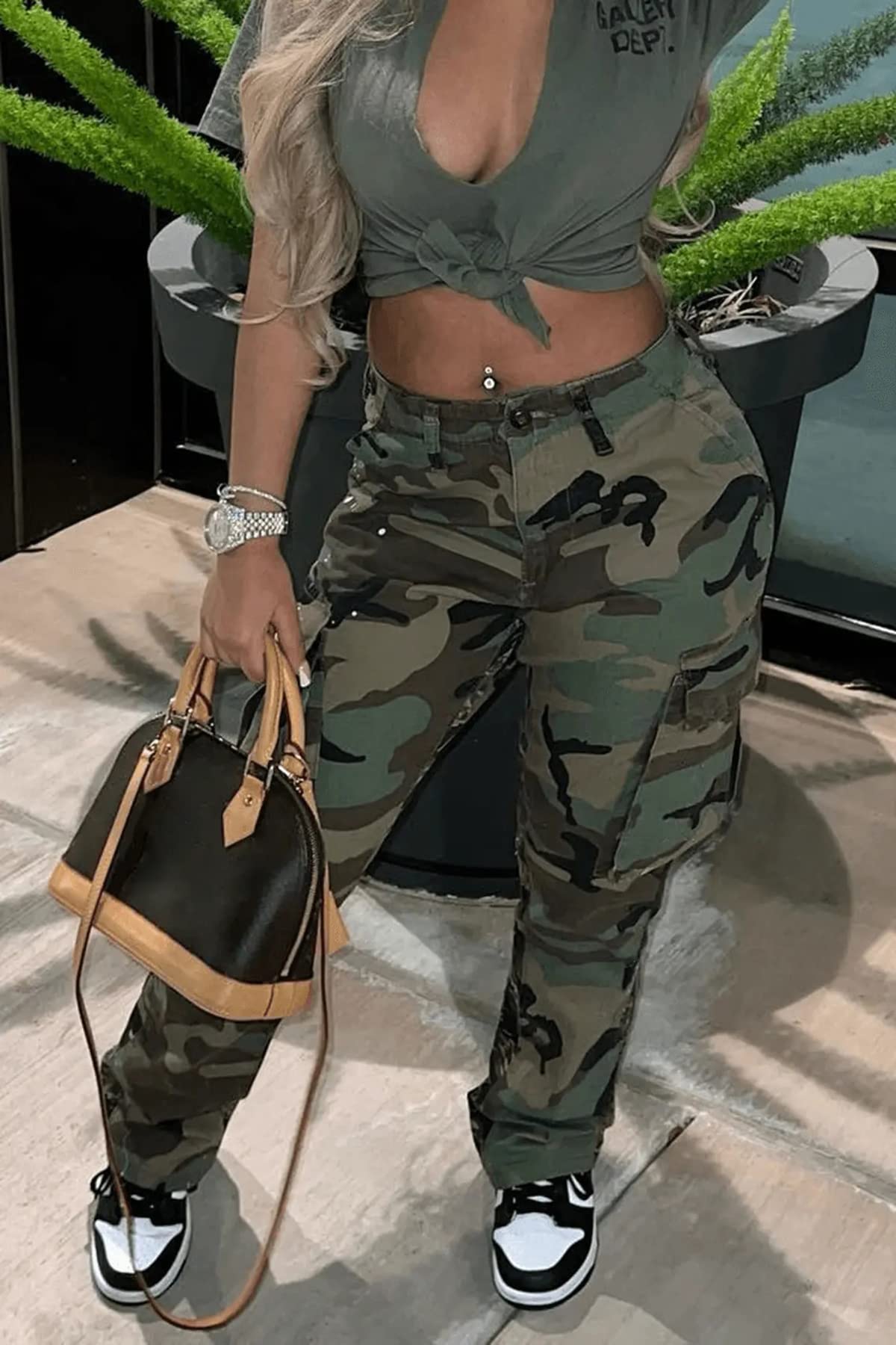 Women's Plus Size Cargo Camo Pants High Waist Slim Fit Camouflage Jogger Pants Sweatpants with Pockets