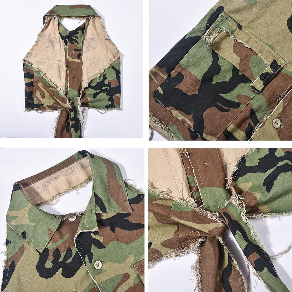 LETSVDO Women's Sexy Camo Halter Vest Backless Sleeveless Lapel V Neck Button Down Jean Crop Tank Top