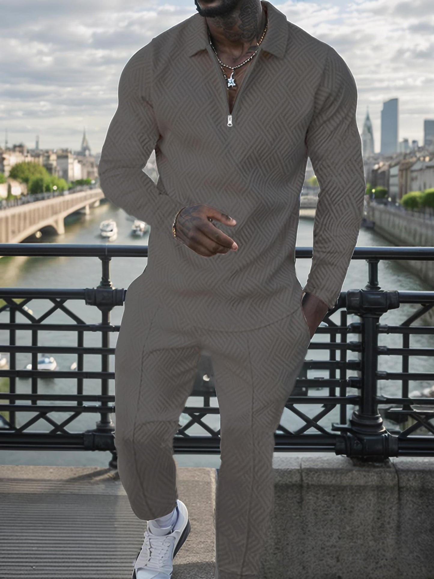 UOUA Mens 2 Piece Set Casual Outfits Polo Long Sleeve Shirt & Pants Track Suit Loungewear Athletic Sweatsuit