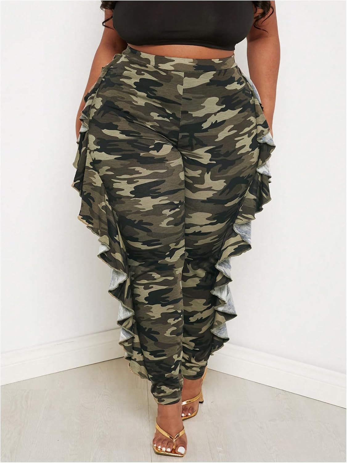 Women's Plus Size Ruffle Camouflage Pants High Waisted Leggings Casual Skinny Pants