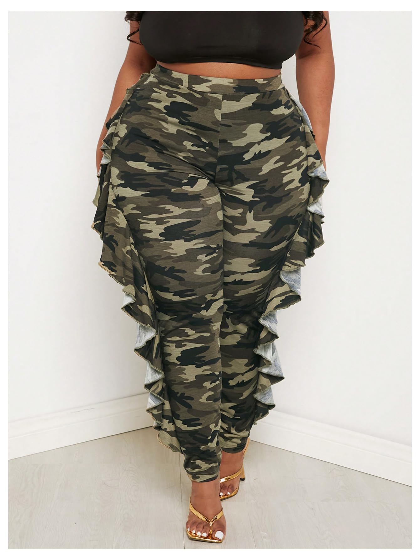 Women's Plus Size Ruffle Camouflage Pants High Waisted Leggings Casual Skinny Pants