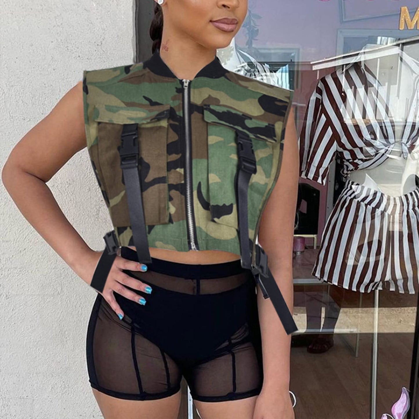 LETSVDO Women's Sexy Camo Halter Vest Backless Sleeveless Lapel V Neck Button Down Jean Crop Tank Top