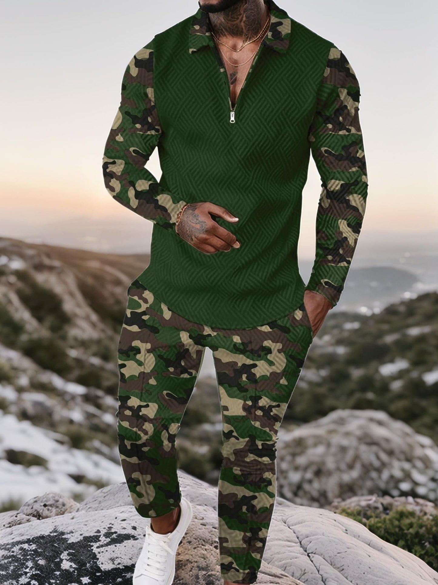 UOUA Mens 2 Piece Set Casual Outfits Polo Long Sleeve Shirt & Pants Track Suit Loungewear Athletic Sweatsuit