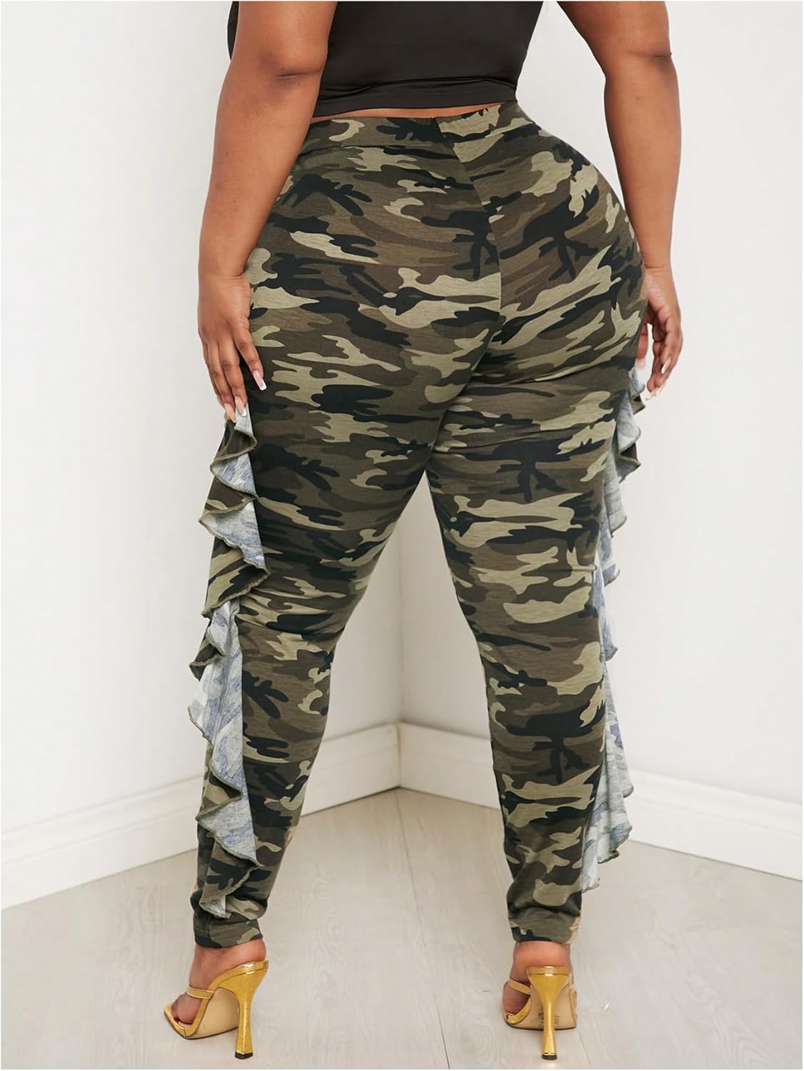Women's Plus Size Ruffle Camouflage Pants High Waisted Leggings Casual Skinny Pants