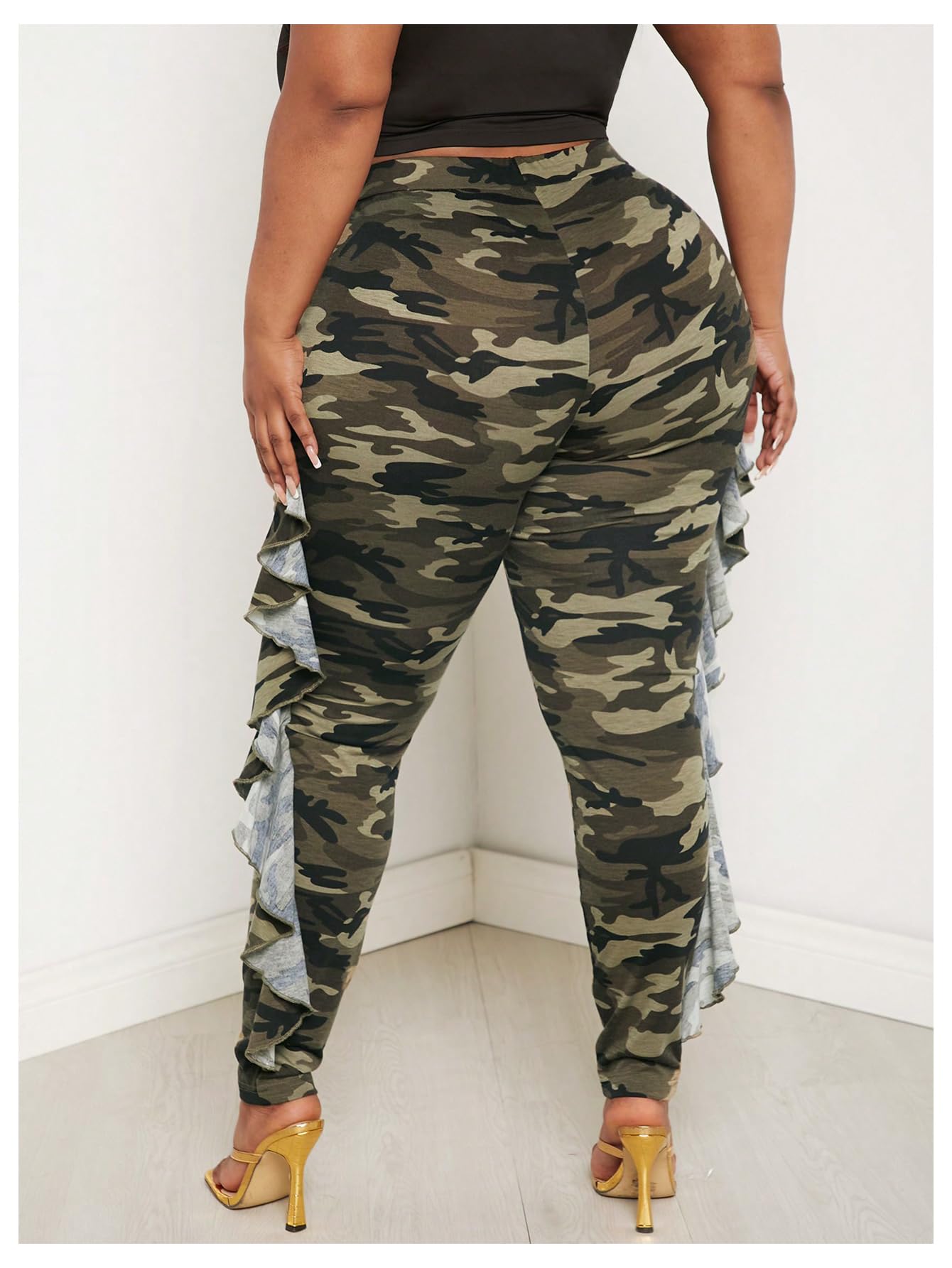 Women's Plus Size Ruffle Camouflage Pants High Waisted Leggings Casual Skinny Pants