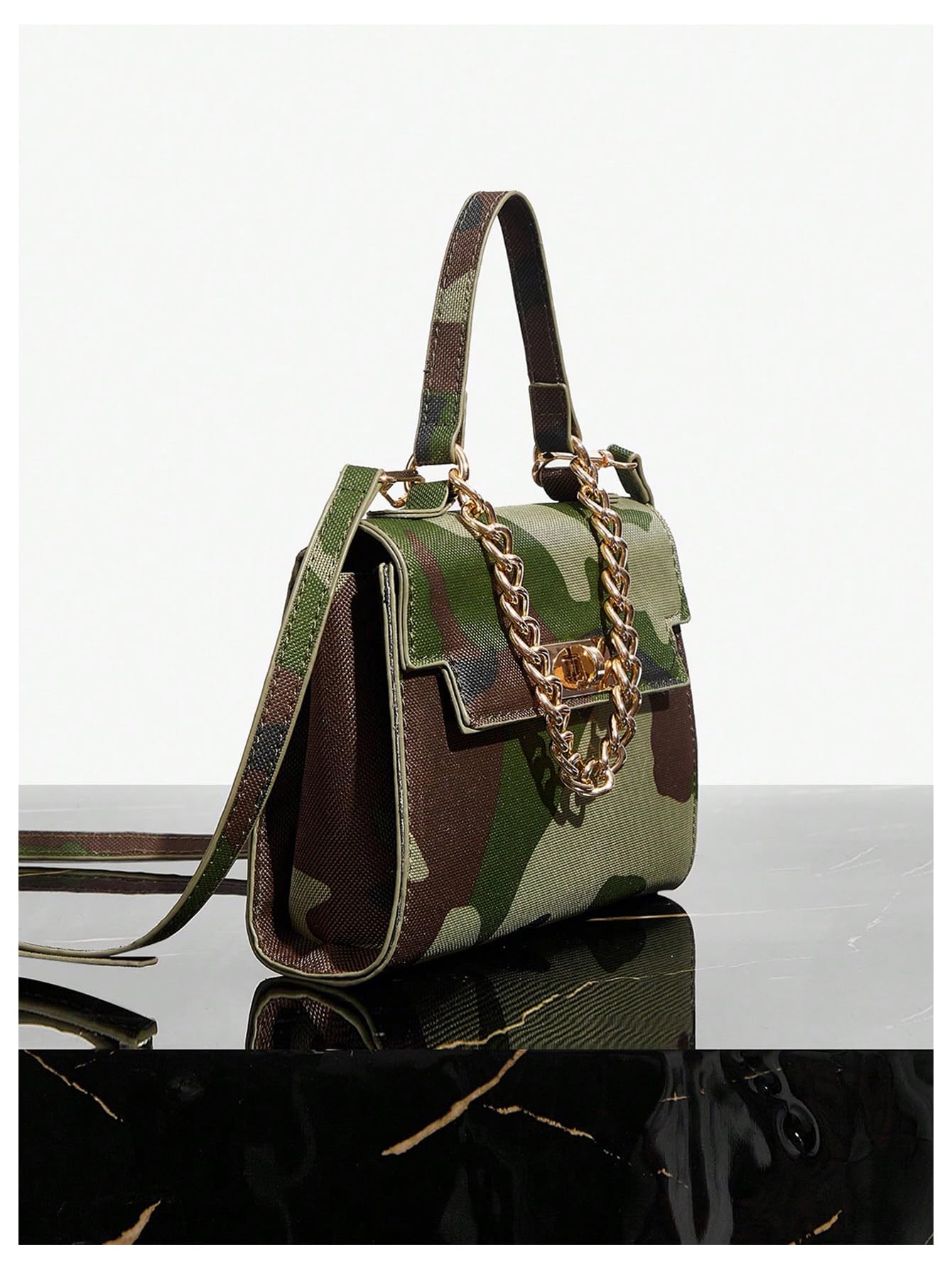 Women's Camo Flap Square Bags Chain Strap Top Handle Satchel Crossbody Bag