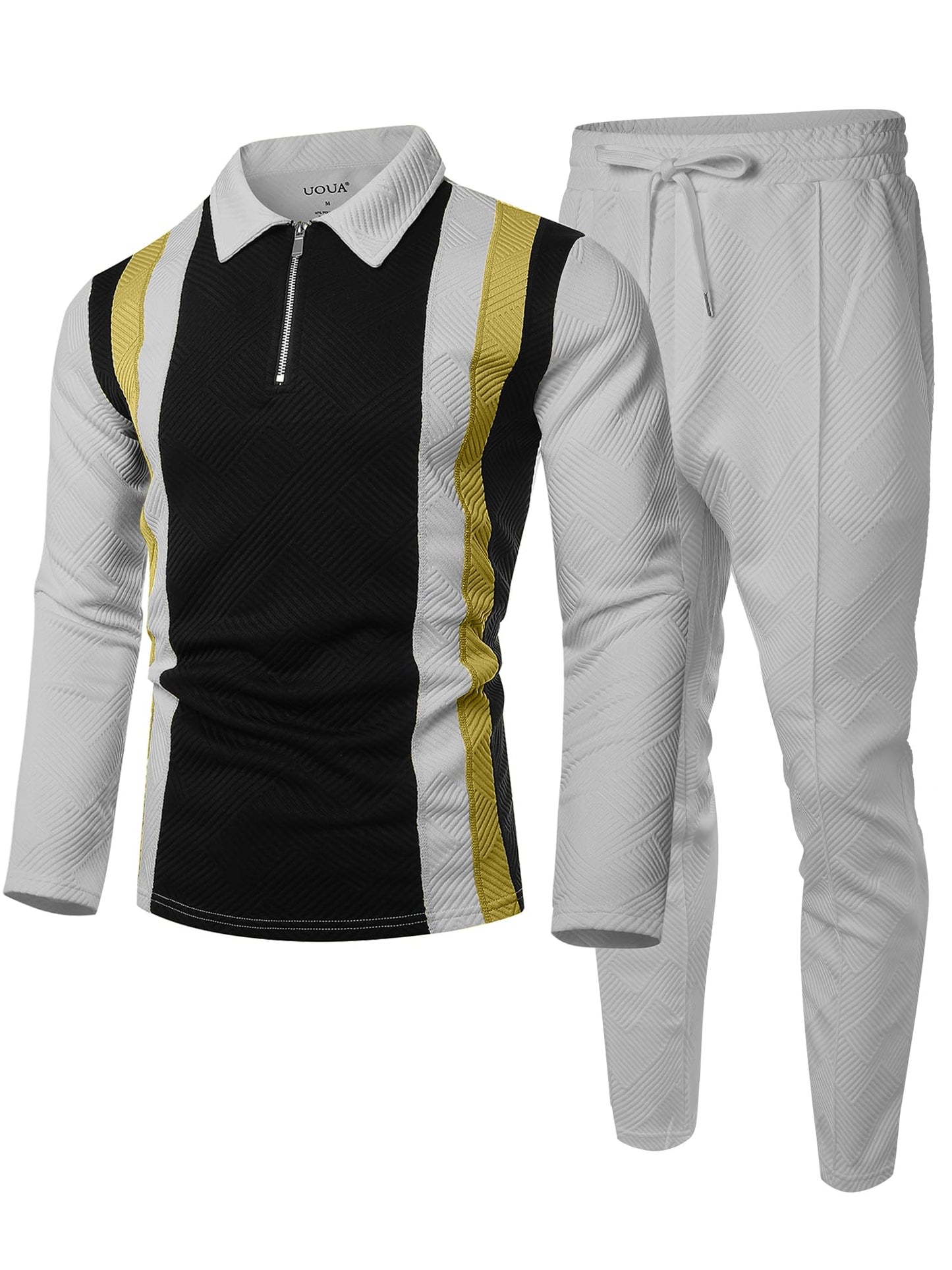 UOUA Mens 2 Piece Set Casual Outfits Polo Long Sleeve Shirt & Pants Track Suit Loungewear Athletic Sweatsuit