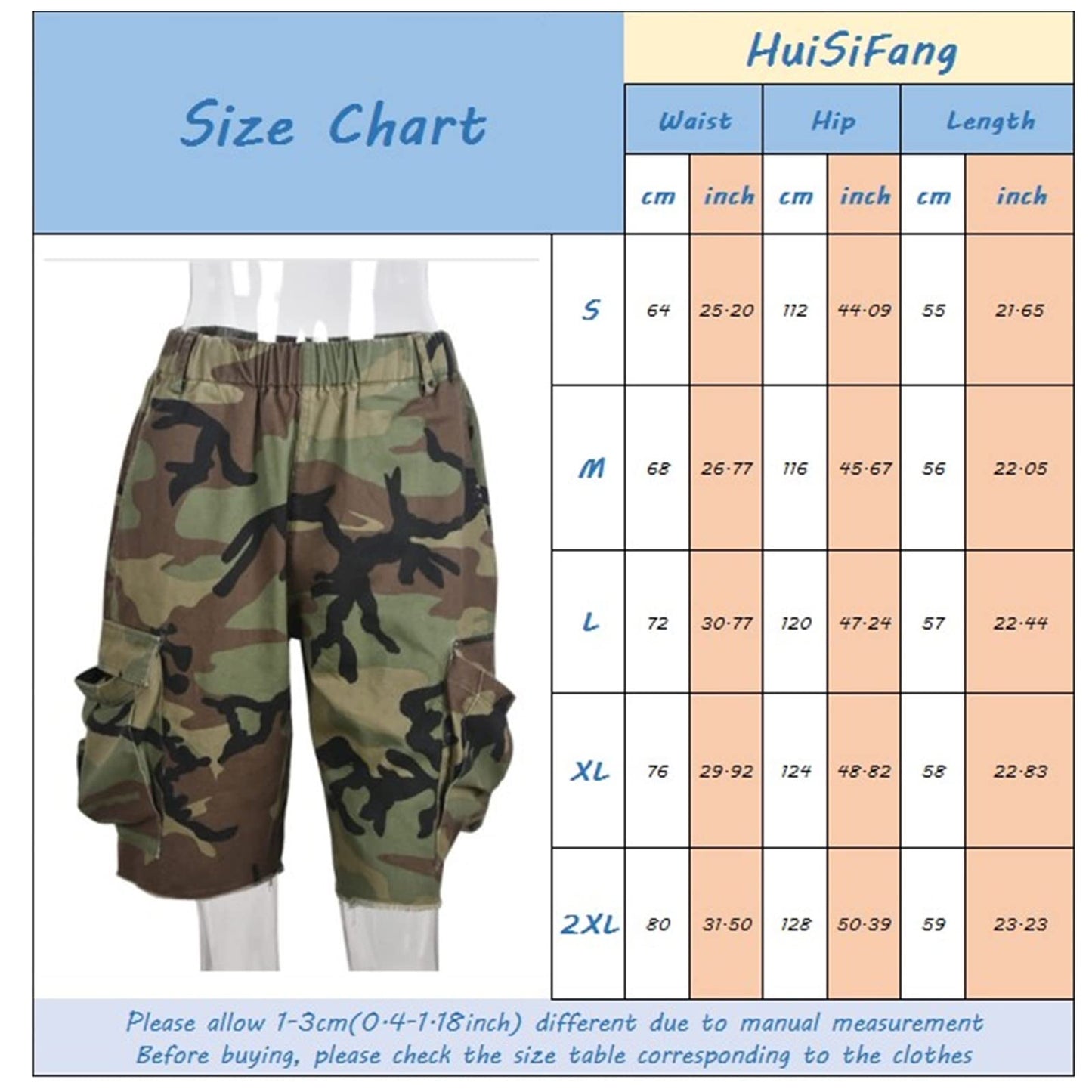 HuiSiFang Womens Camo Cargo Shorts Elastic High Waist Loose Fit Casual Shorts with Pockets
