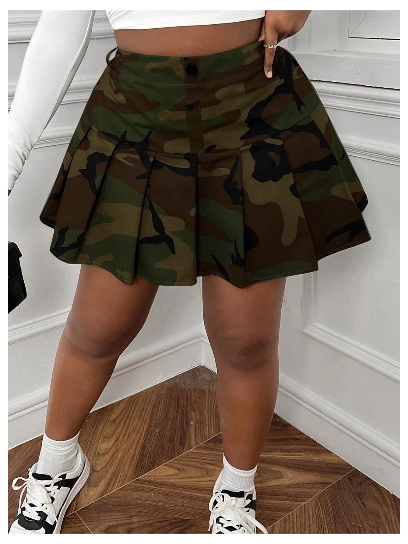 Floerns Women's Plus Size Camo Print Skirt Elastic Waist Pleated Hem Short Skirt