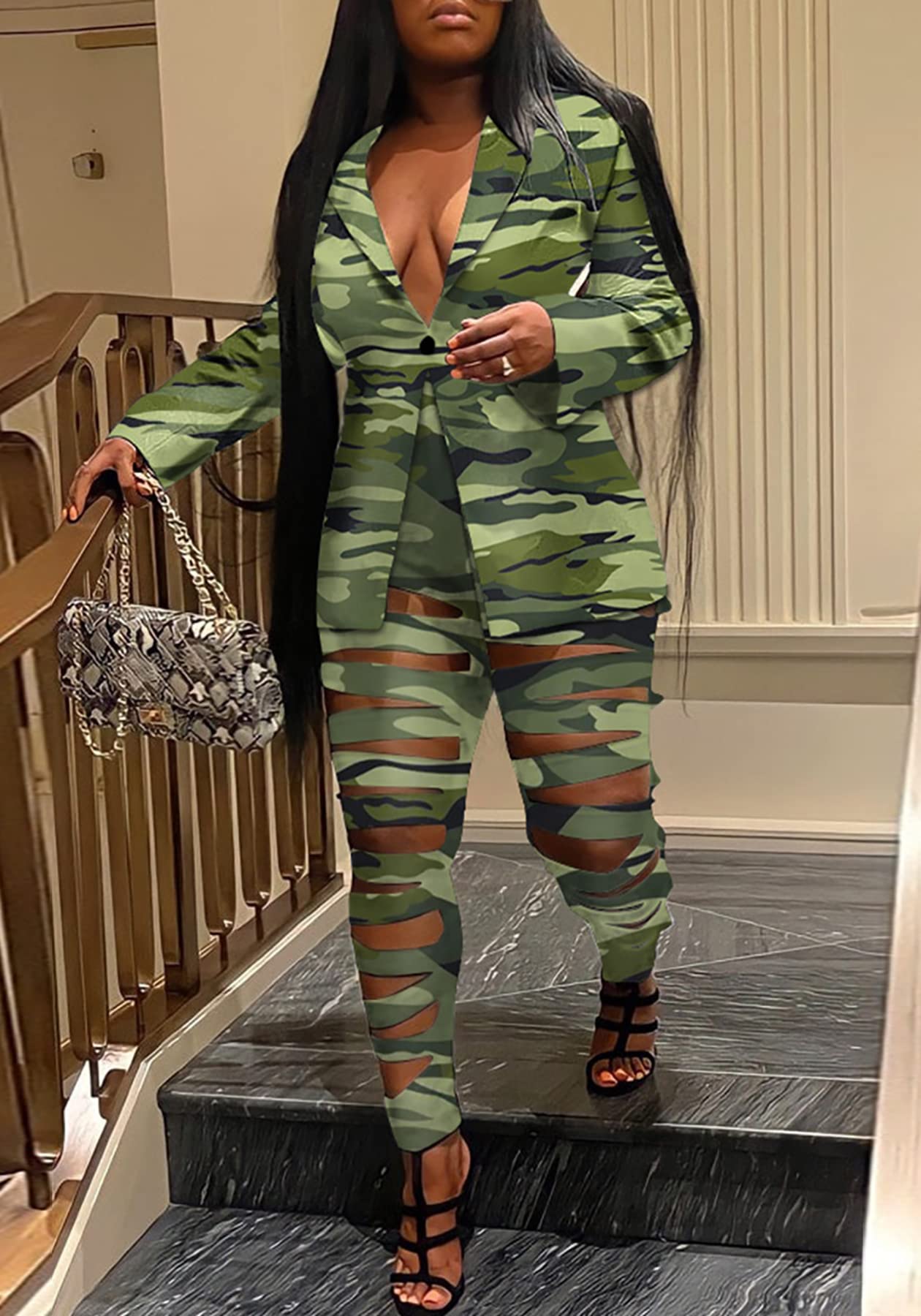 Lucuna Women's Sexy 2 Piece Club Outfits Open Front Blazer + Bodycon Pants Long Stockings Set