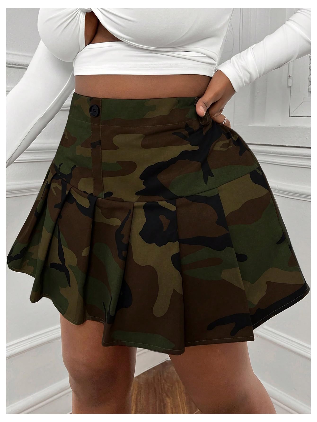 Floerns Women's Plus Size Camo Print Skirt Elastic Waist Pleated Hem Short Skirt