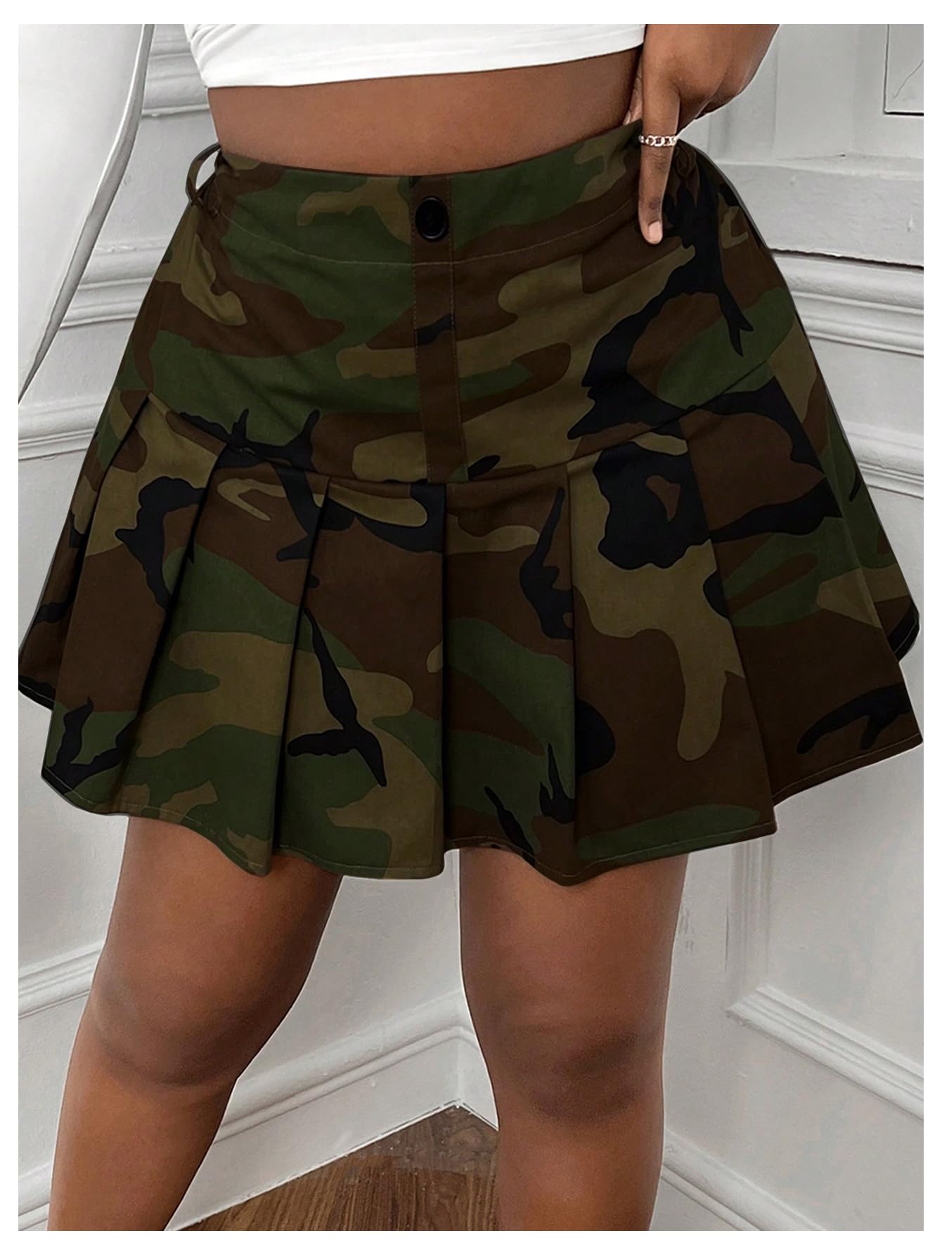 Floerns Women's Plus Size Camo Print Skirt Elastic Waist Pleated Hem Short Skirt