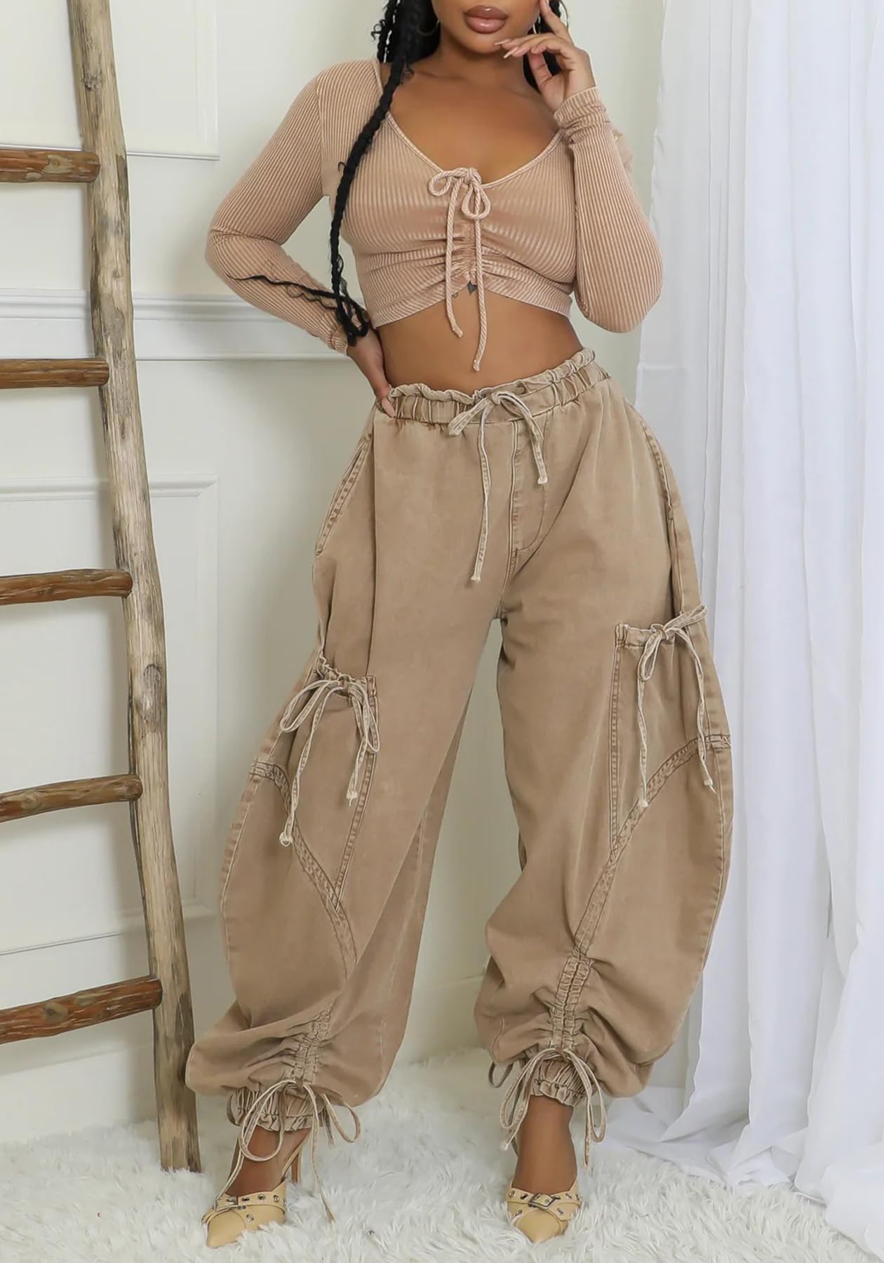 Women's Baggy Cargo Jogger Jeans Barrel High Waisted Wide Leg Drawstring Y2K Loose Harem Denim Pants with Pockets