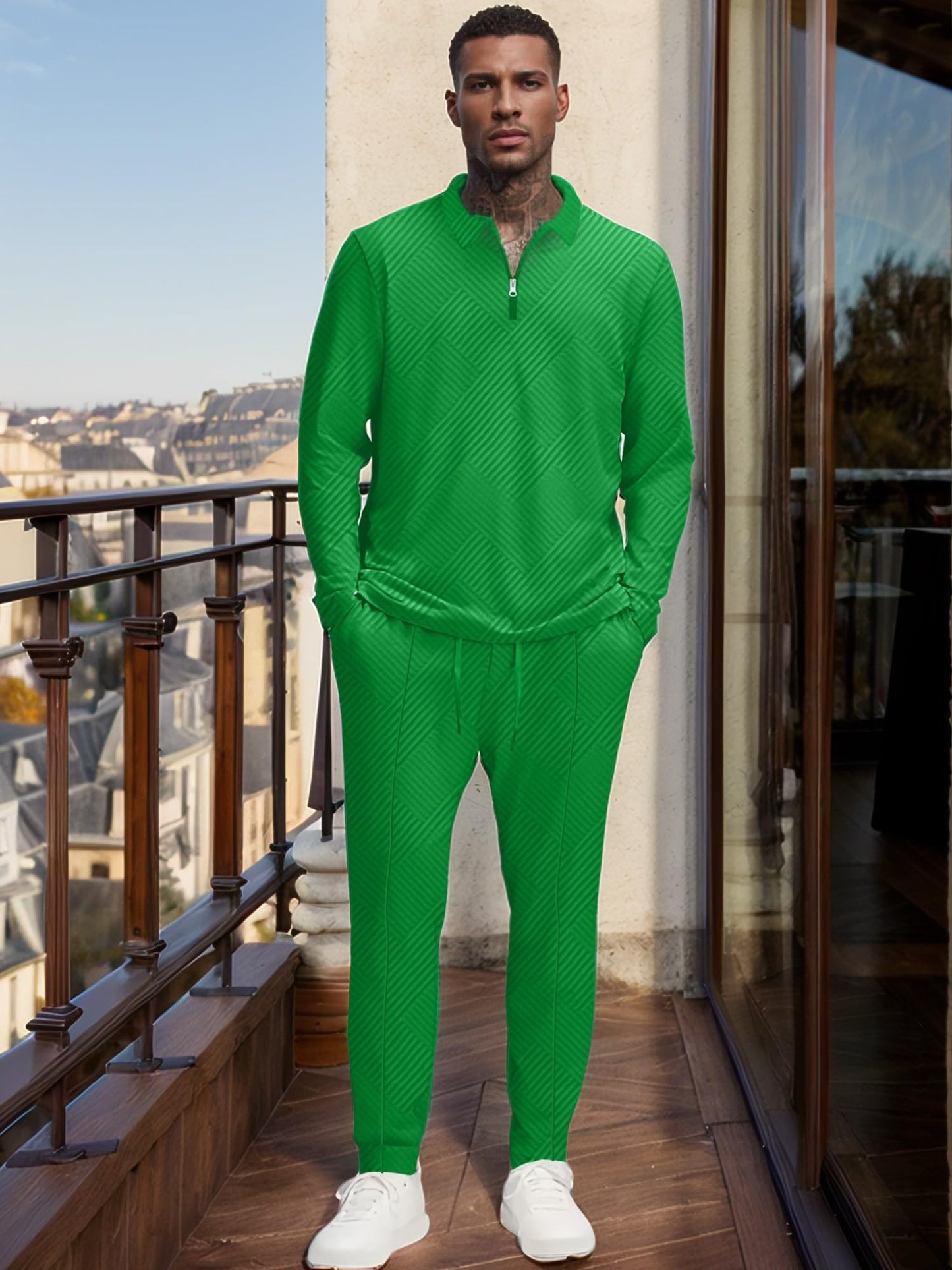 UOUA Mens 2 Piece Set Casual Outfits Polo Long Sleeve Shirt & Pants Track Suit Loungewear Athletic Sweatsuit