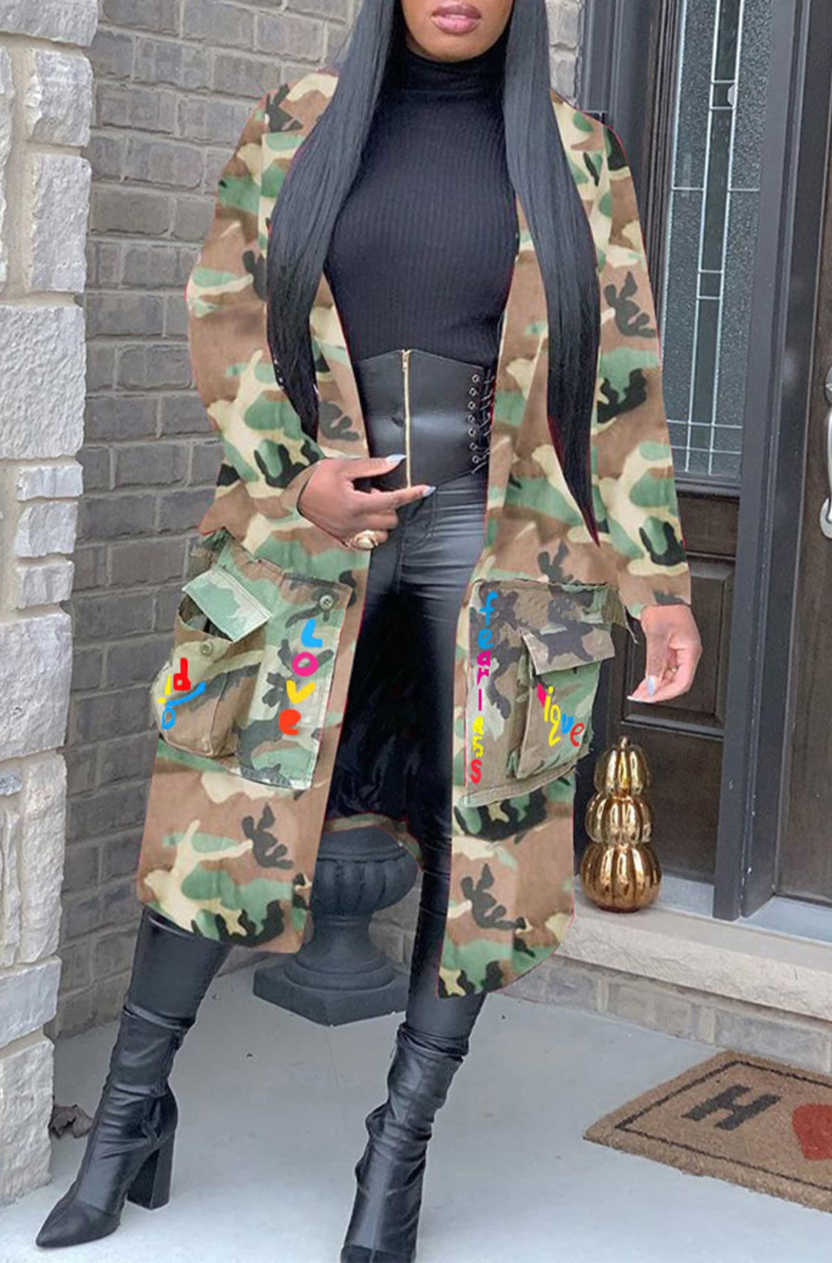 Vakkest Camo Blazer Jacket for Women Lapel Long Sleeve Open Front Cardigan Coat Classic Pockets Overcoat Outwear