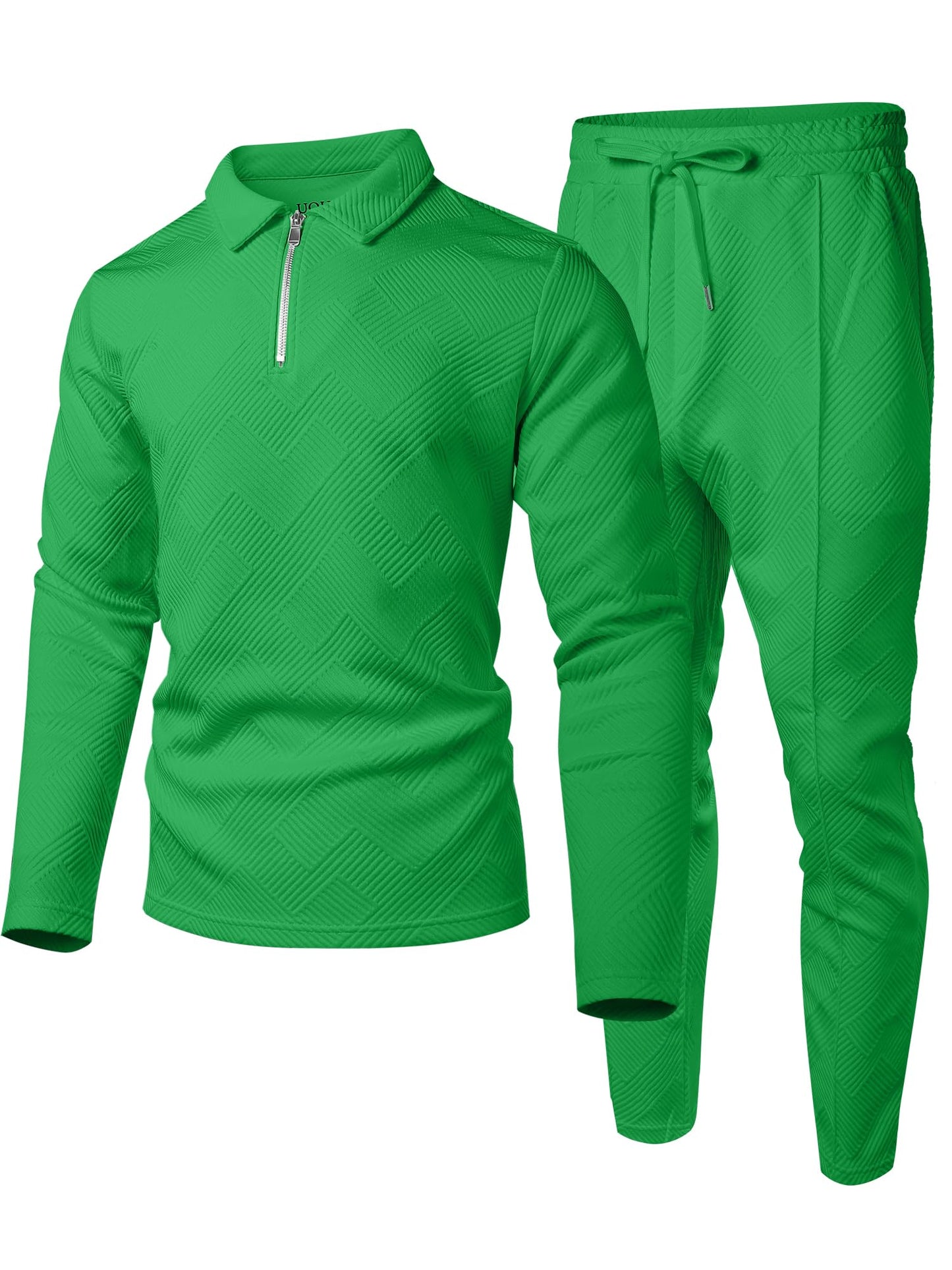 UOUA Mens 2 Piece Set Casual Outfits Polo Long Sleeve Shirt & Pants Track Suit Loungewear Athletic Sweatsuit